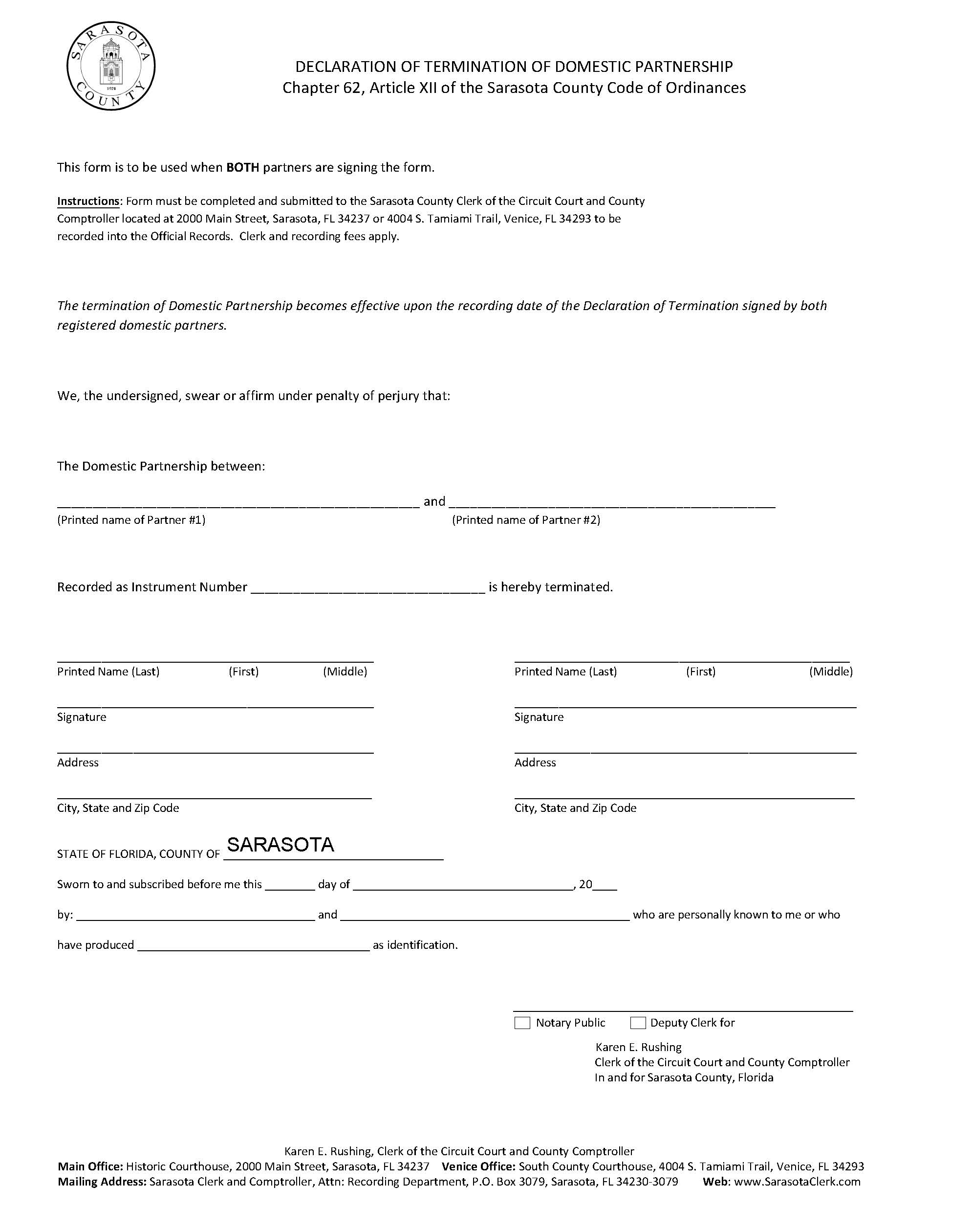 Declaration Of Termination Of Domestic Partnership (Both Partners Signing) | Pdf Fpdf Docx | Florida