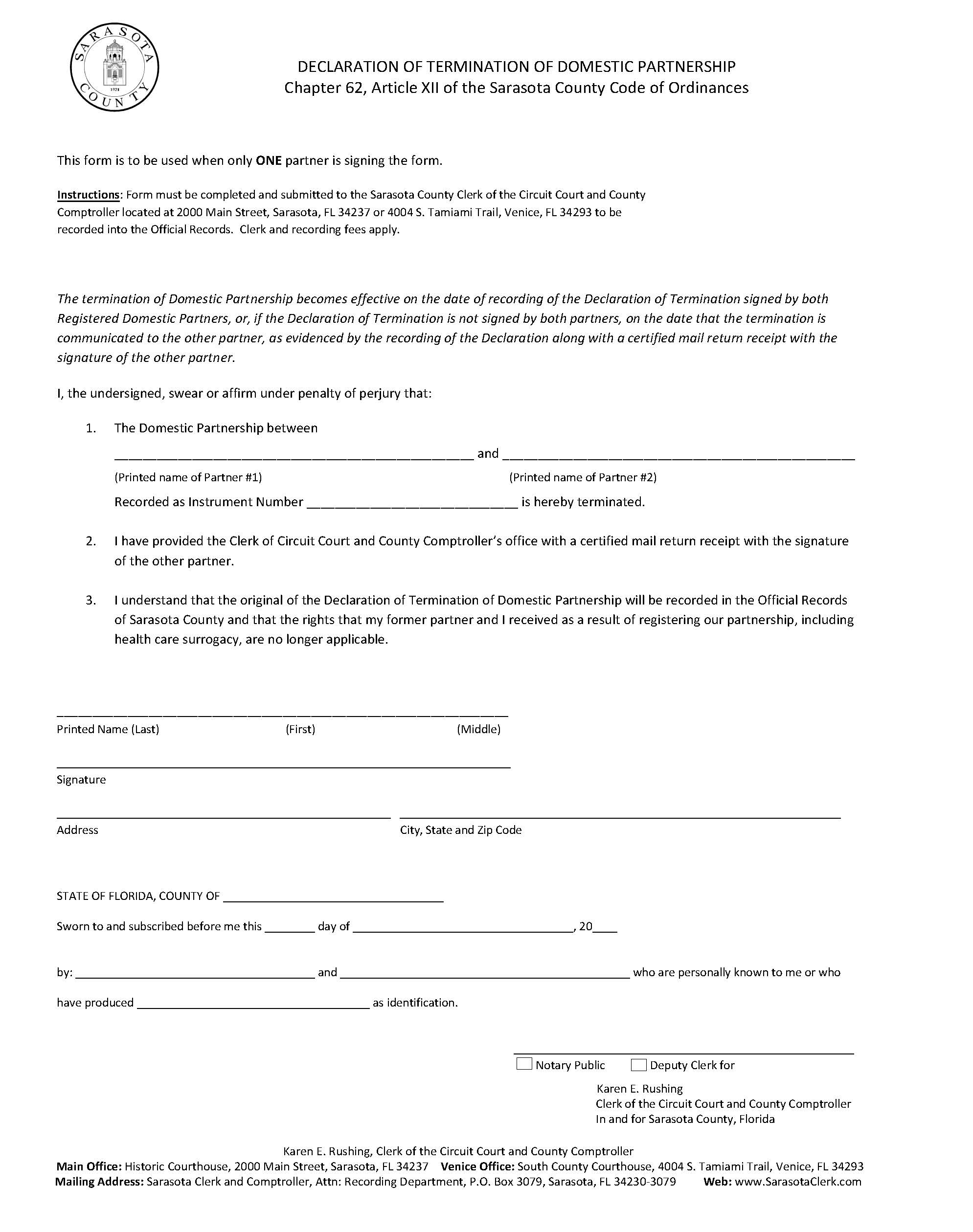 Declaration Of Termination Of Domestic Partnership (One Partner Signing) | Pdf Fpdf Docx | Florida