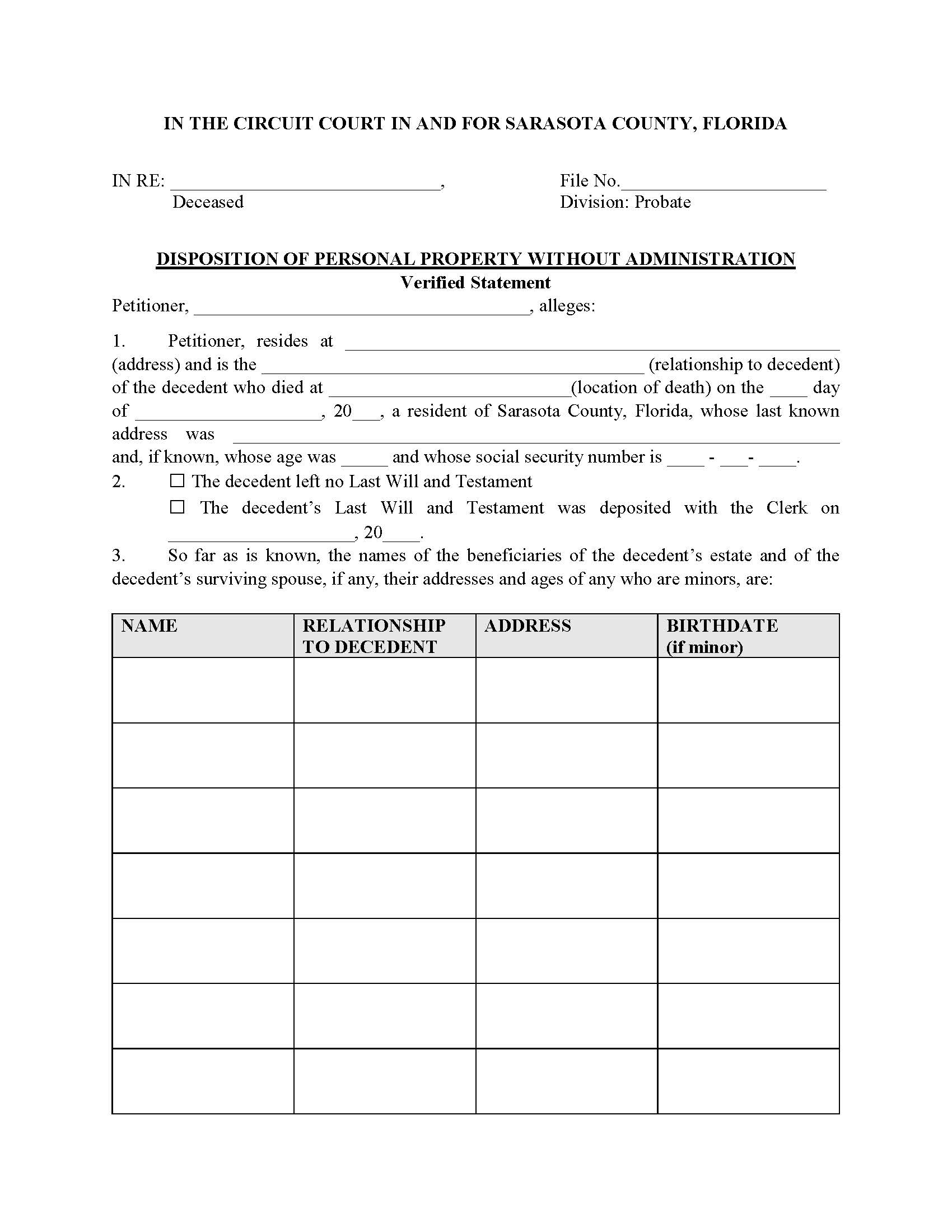 Disposition Of Personal Property Without Administration {SAR DPPWA} | Pdf Fpdf Docx | Florida