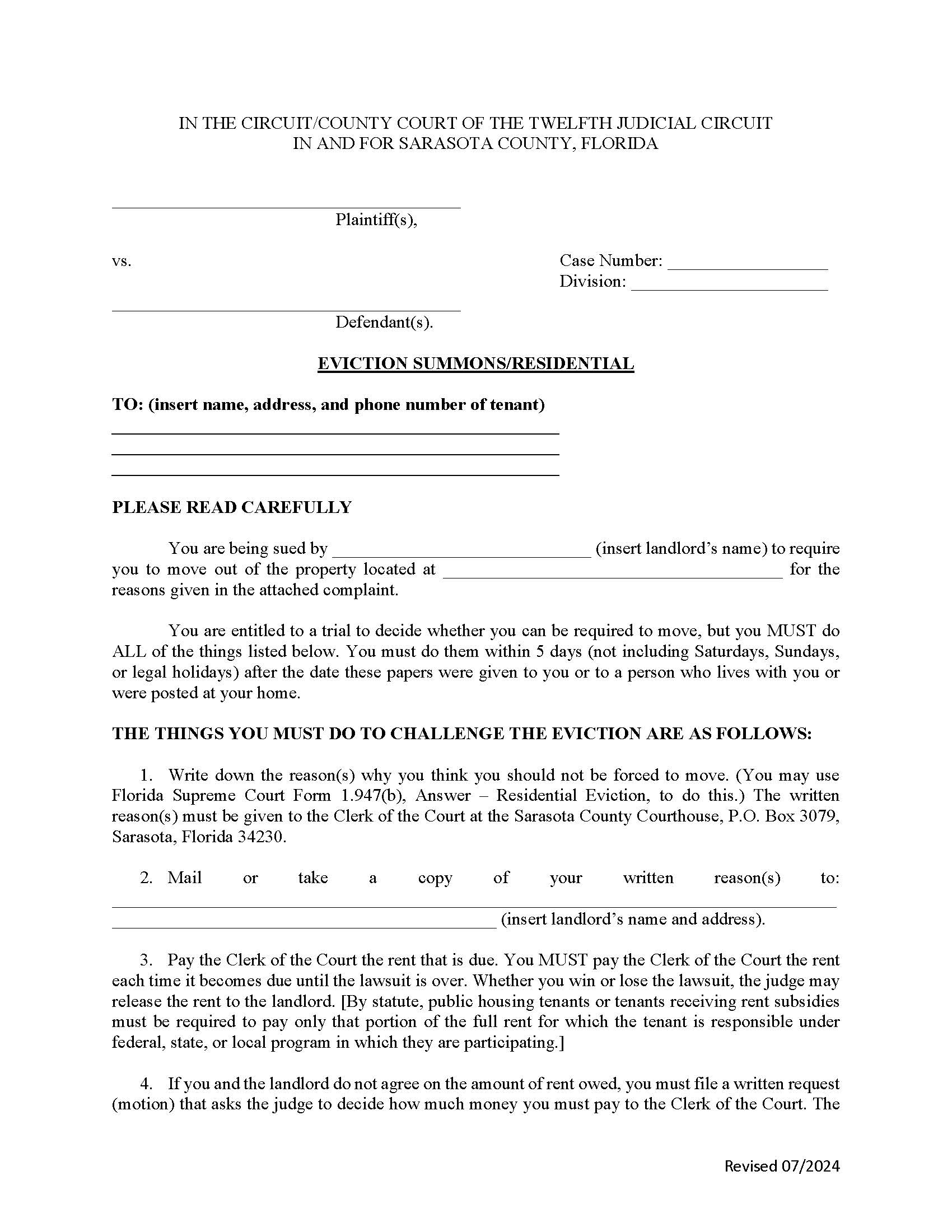 Eviction Summons Residential {SAR ES-R} | Pdf Fpdf Docx | Florida