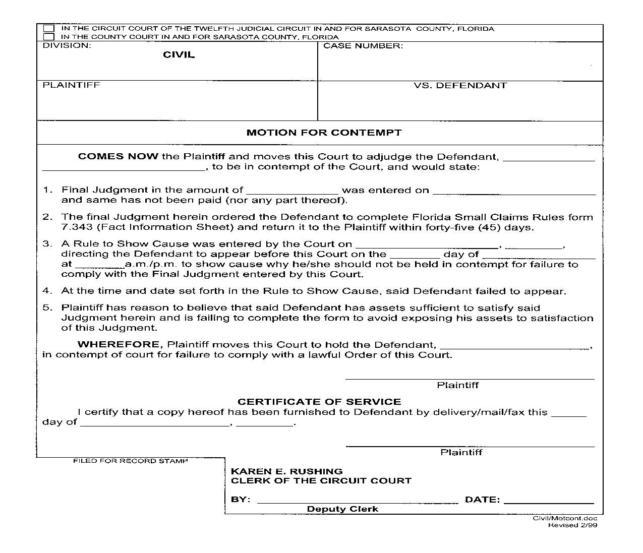 Motion For Contempt | Pdf Fpdf Doc Docx | Florida