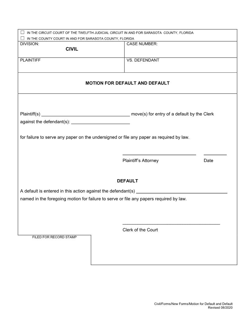 Motion For Default And Default (Entry Of Default By Clerk) | Pdf Fpdf Docx | Florida