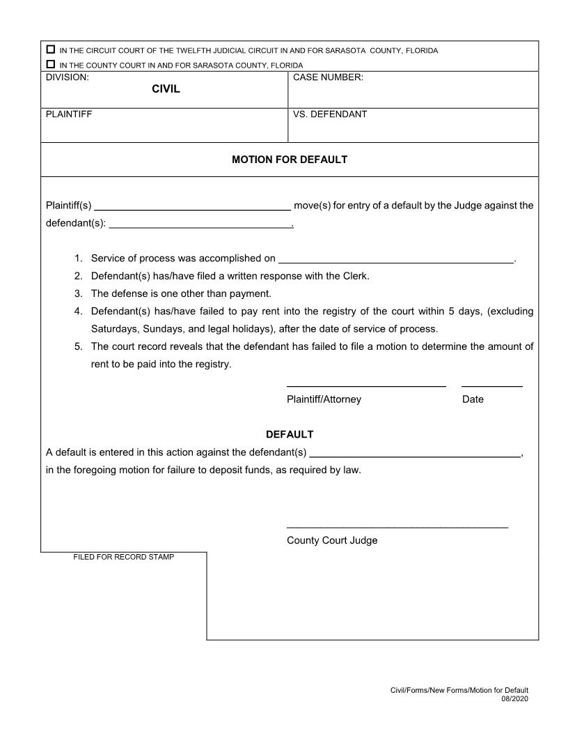 Motion For Default And Default (Entry Of Default By Judge) | Pdf Fpdf Docx | Florida