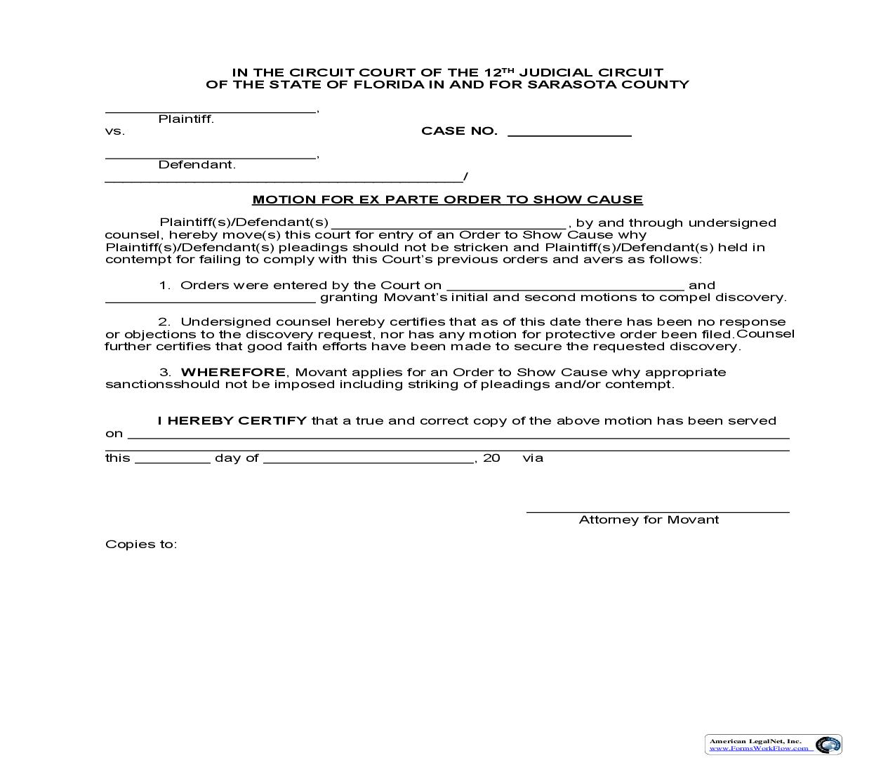 Motion For Ex Parte Order To Show Cause | Pdf Fpdf Doc Docx | Florida