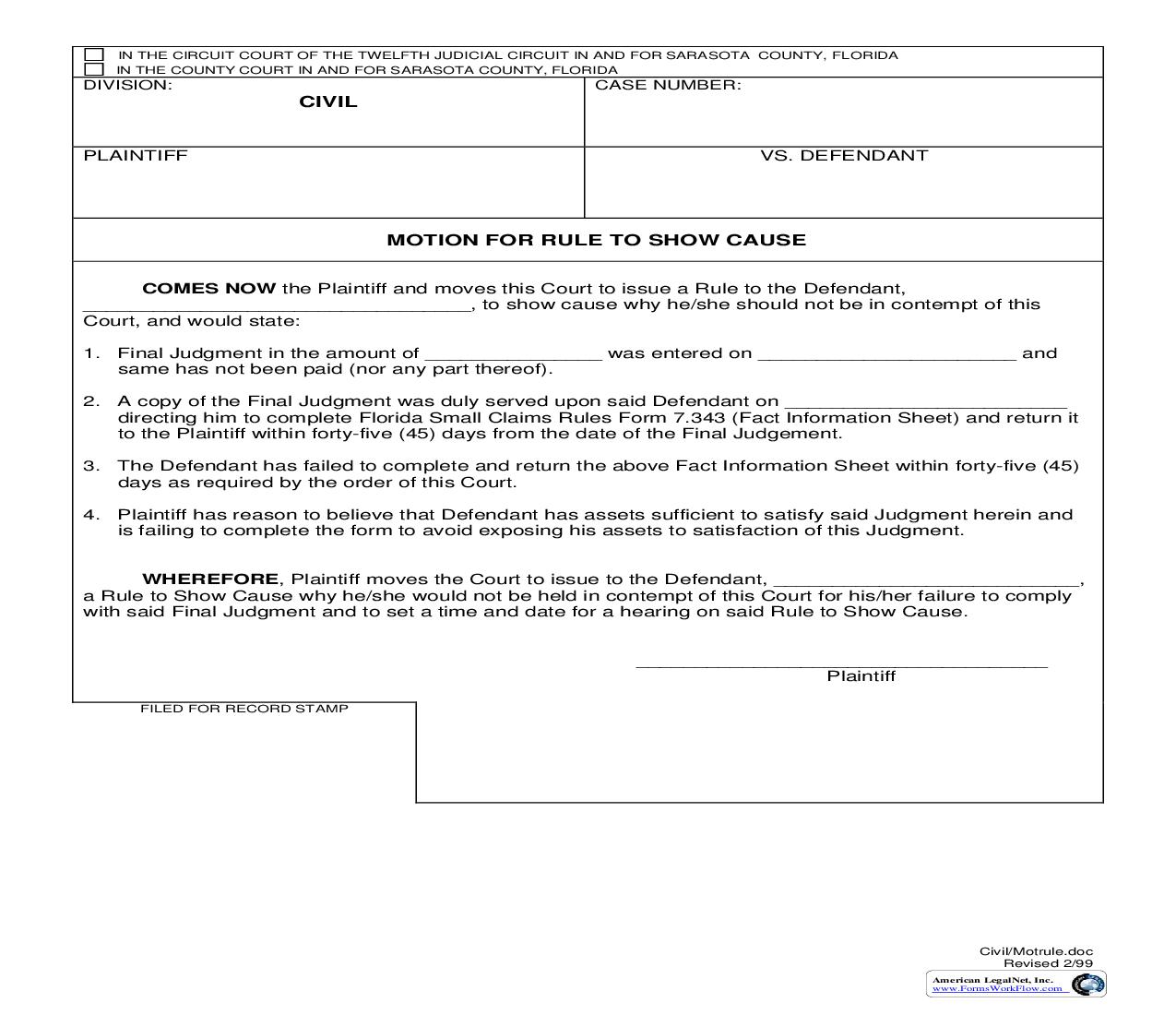 Motion For Rule To Show Cause | Pdf Fpdf Doc Docx | Florida