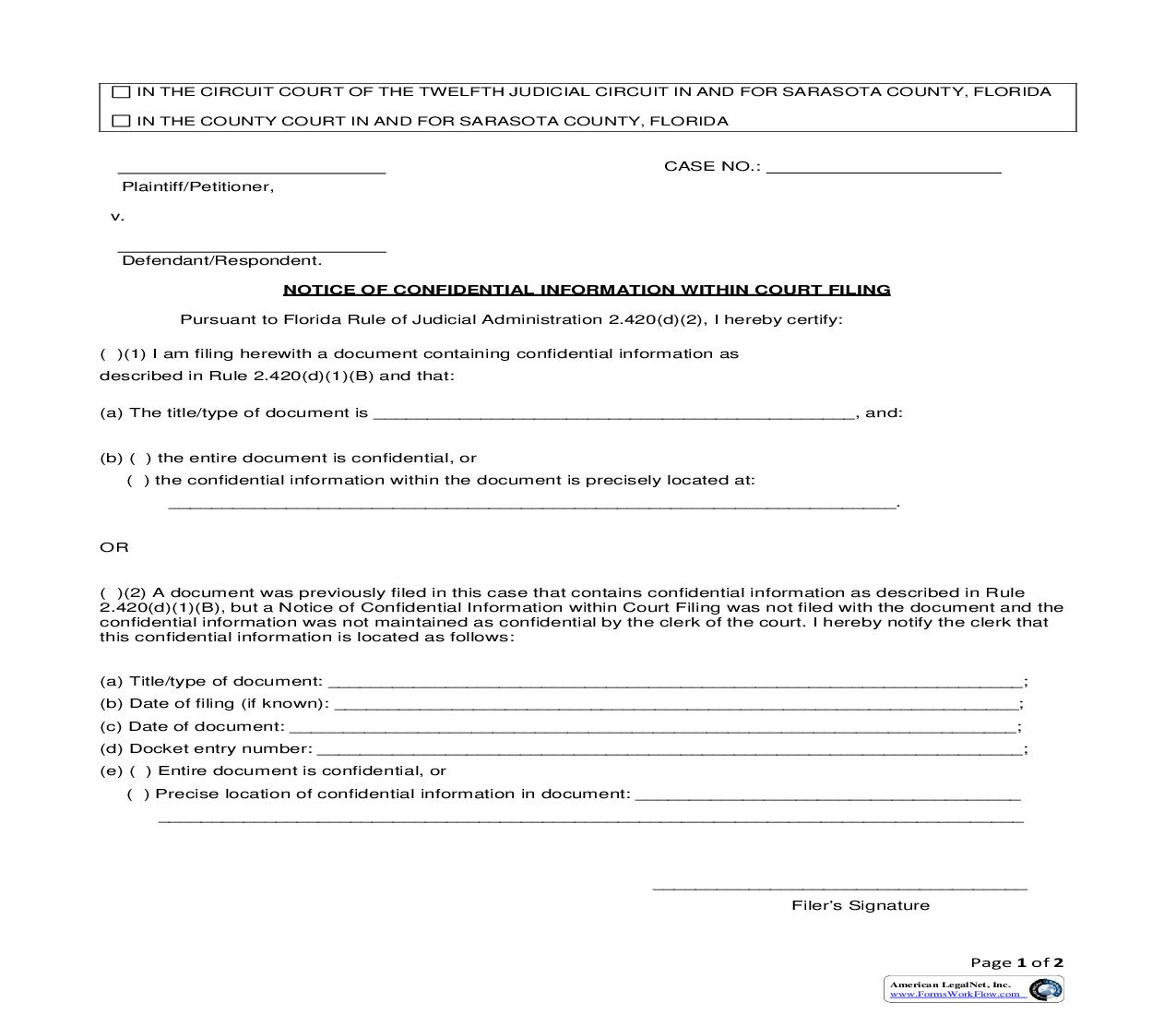 Notice Of Confidential Information Within Court Filing | Pdf Fpdf Doc Docx | Florida