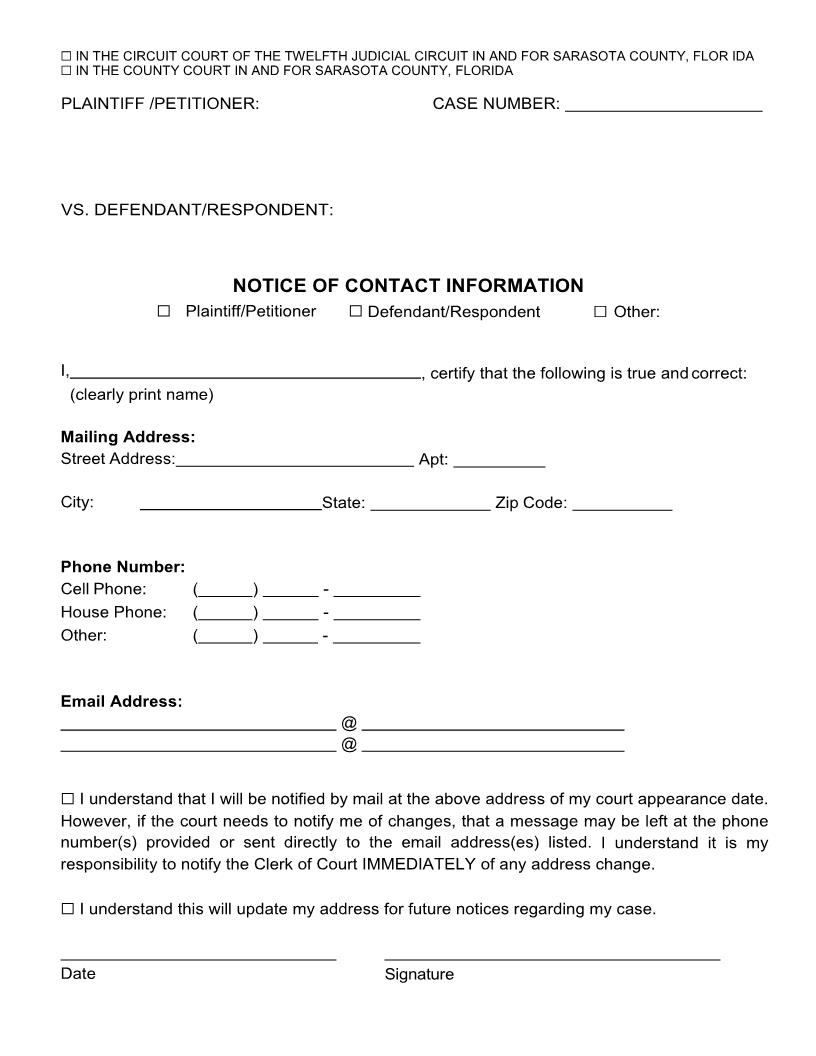 Notice Of Contact Information | Pdf Fpdf Docx | Florida