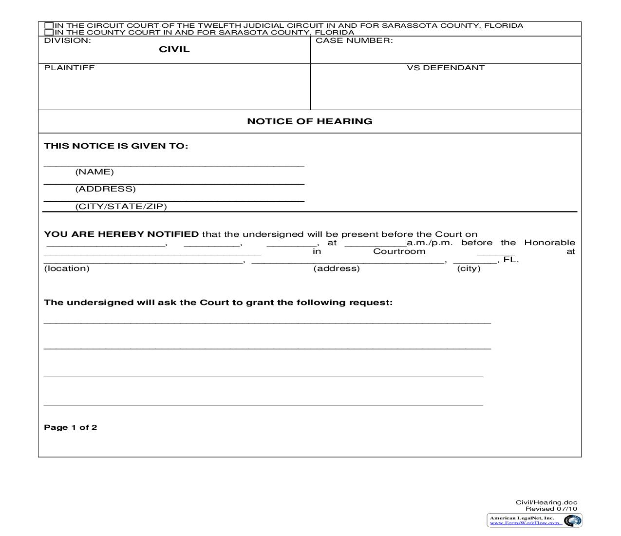 Notice Of Hearing | Pdf Fpdf Doc Docx | Florida