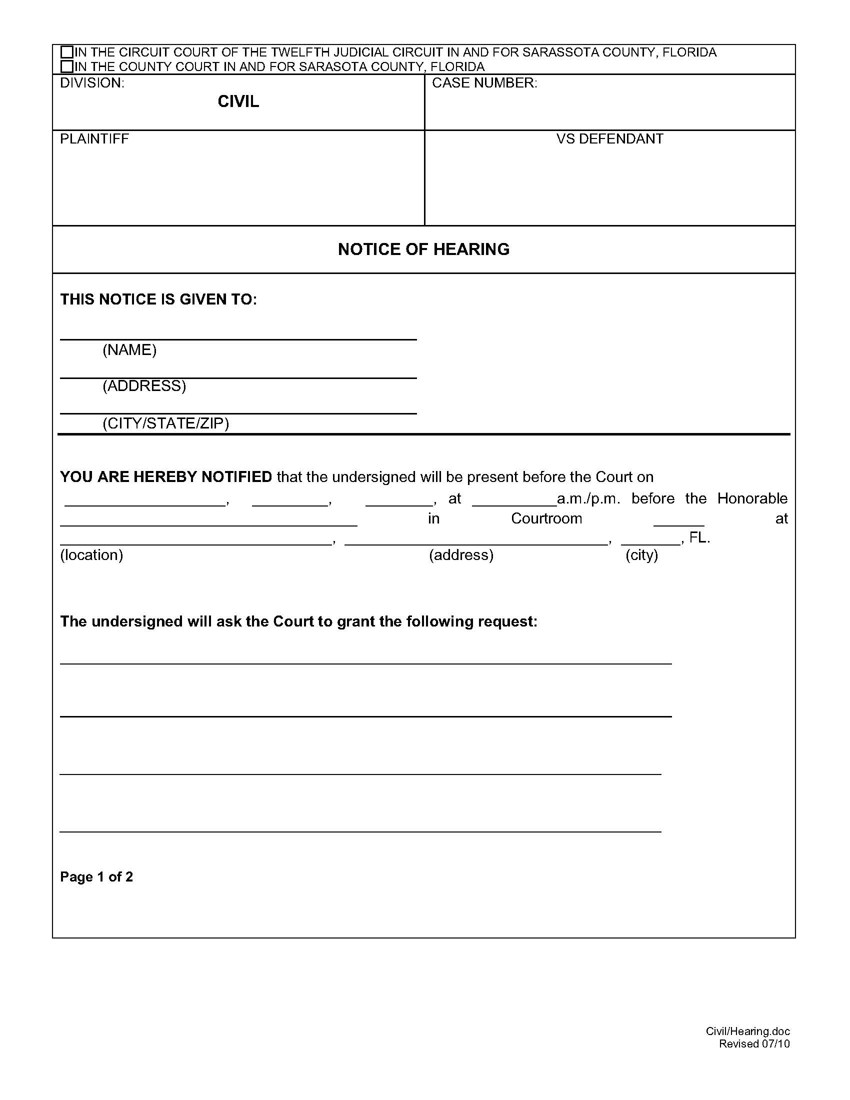 Notice Of Hearing | Pdf Fpdf Doc Docx | Florida