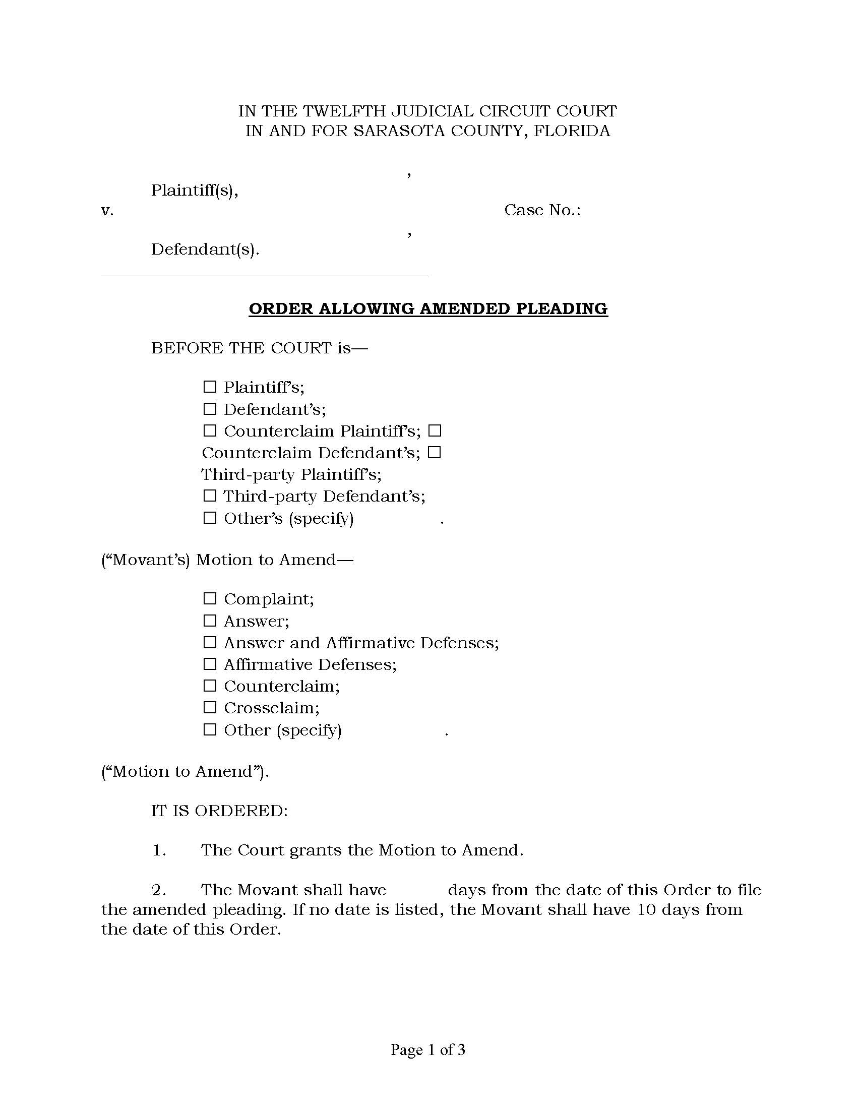 Order Allowing Amended Pleading | Pdf Fpdf Docx | Florida