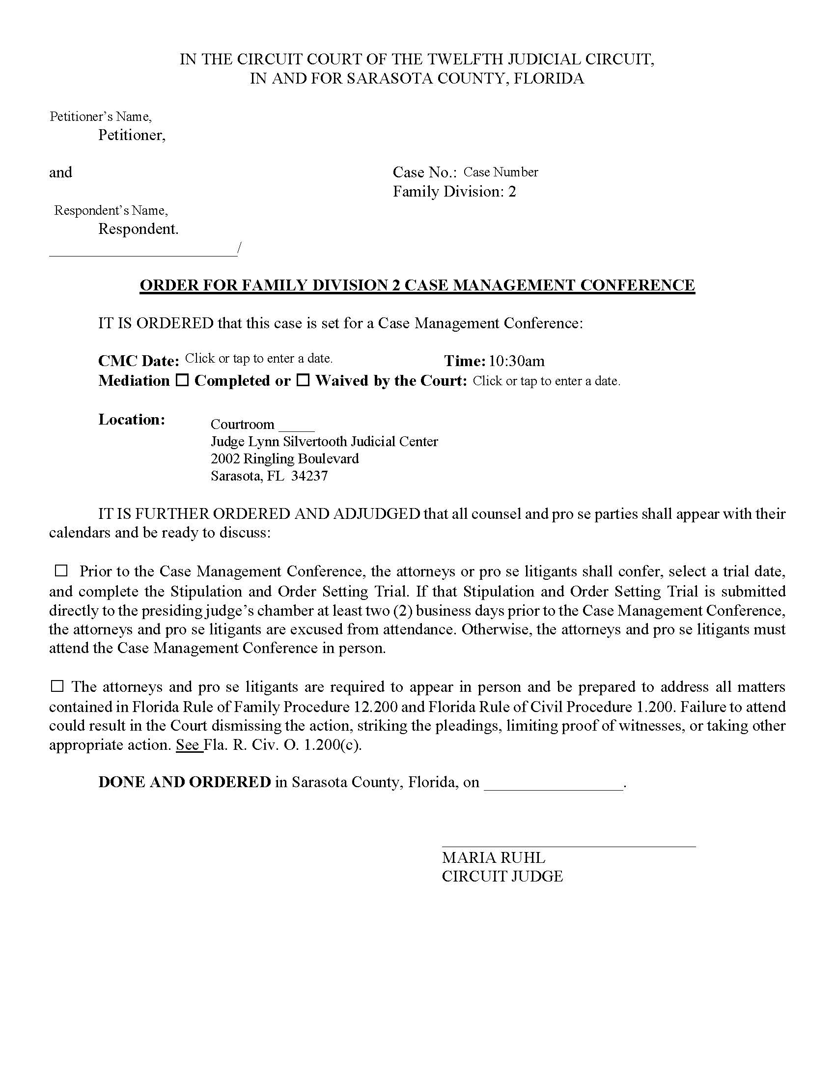Order For Family Division 2 Case Management Conference (Judge Ruhl) | Pdf Fpdf Docx | Florida