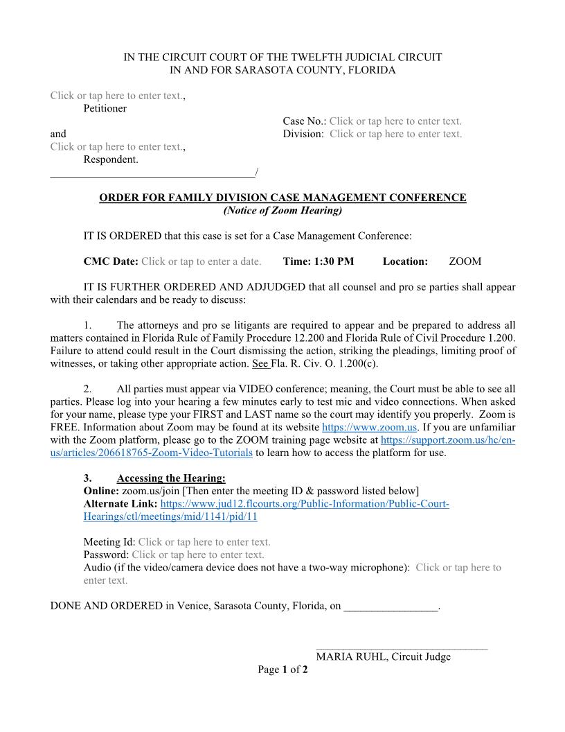 Order For Family Division CM Conference (Zoom Hearing - Judge Ruhl) | Pdf Fpdf Docx | Florida