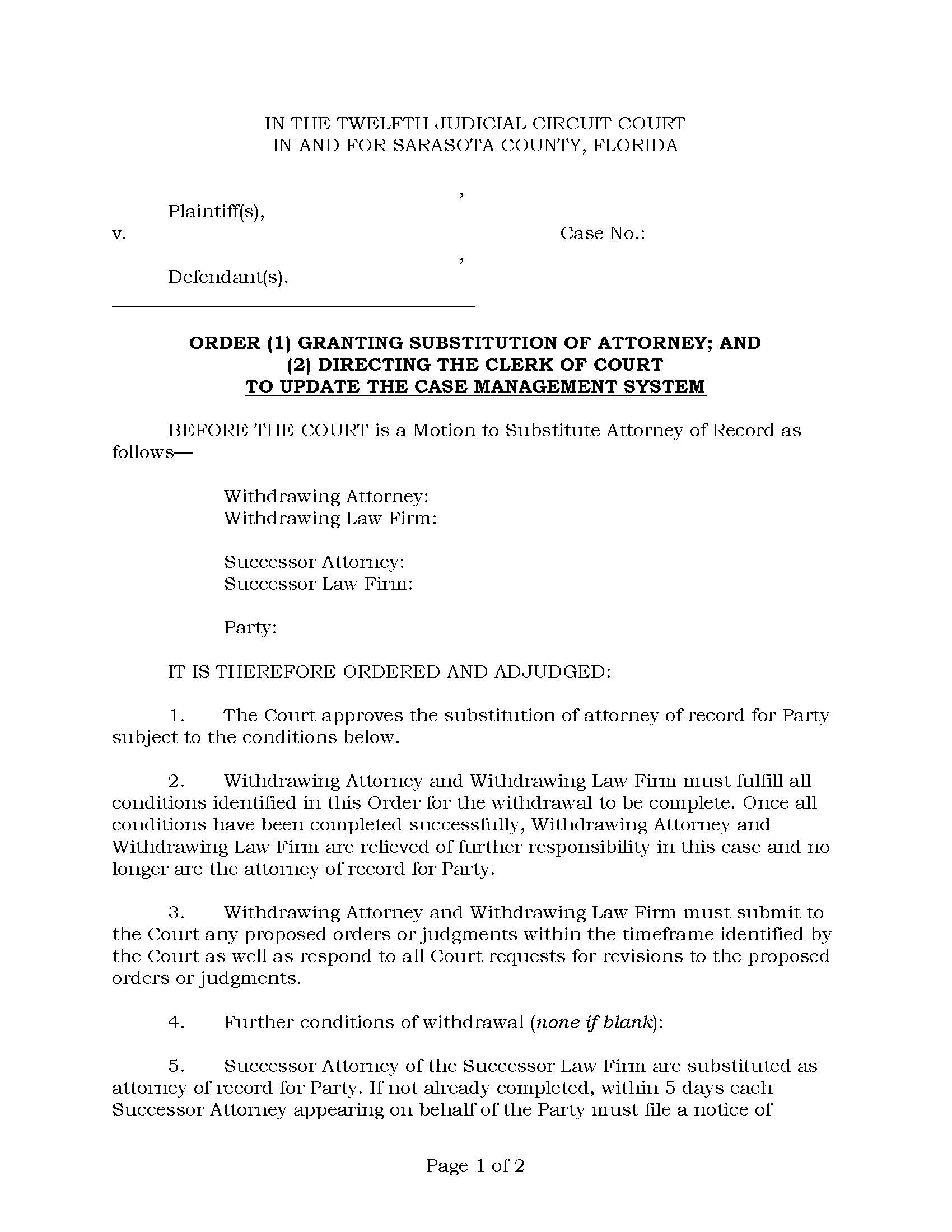 Order Granting Substitution Of Attorney Directing Clerk To Update CM System | Pdf Fpdf Docx | Florida