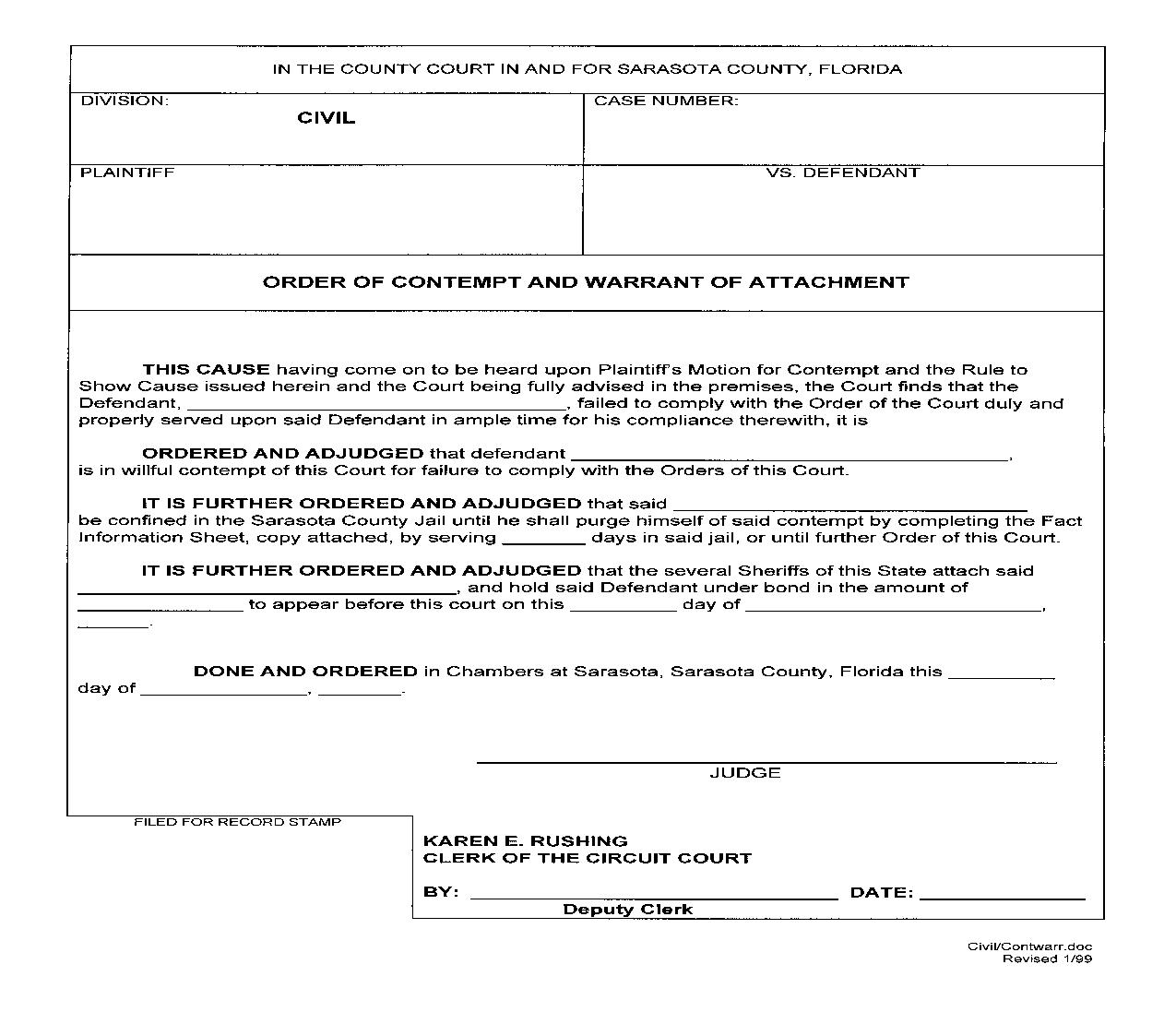 Order Of Contempt And Warrant Of Attachment | Pdf Fpdf Doc Docx | Florida