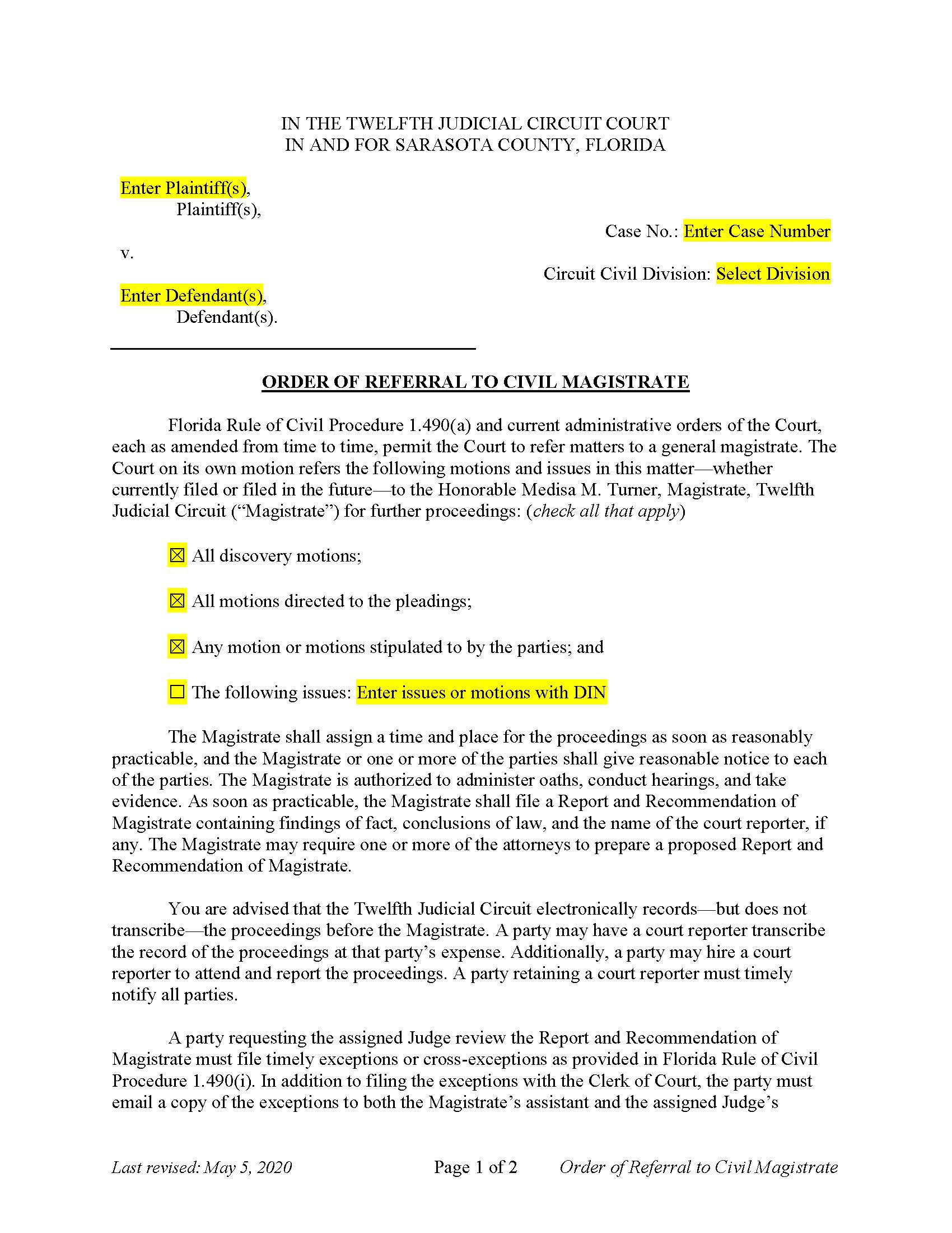 Order Of Referral To CIvil Magistrate | Pdf Fpdf Docx | Florida