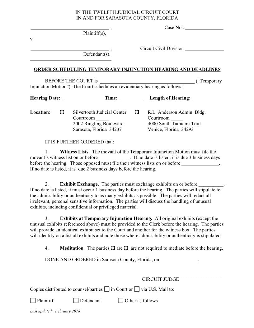 Order Scheduling Temporary Injunction Hearing And Deadlines | Pdf Fpdf Docx | Florida