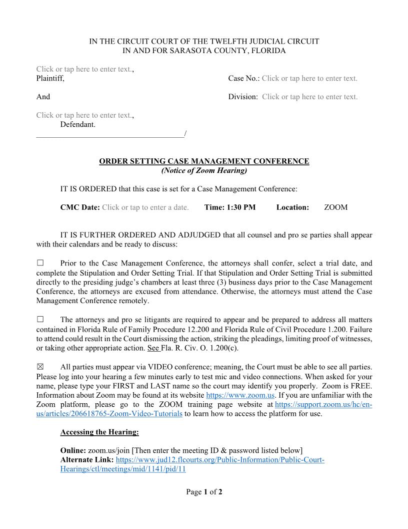 Order Setting Case Management Conference (Notice Of Zoom Hearing - Judge Ruhl) | Pdf Fpdf Docx | Florida