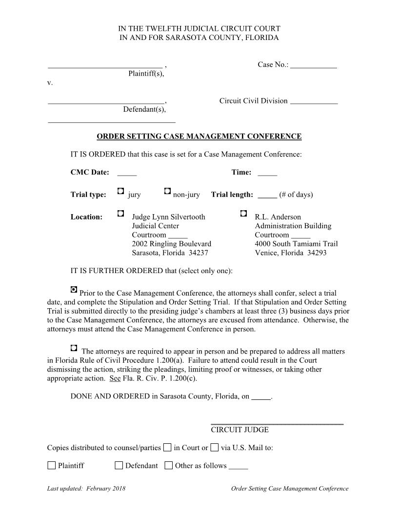 Order Setting Case Management Conference | Pdf Fpdf Docx | Florida