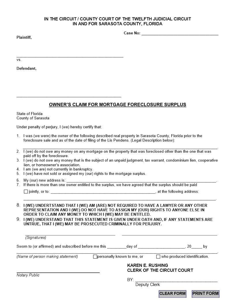 Owners Claim For Mortgage Foreclosure Surplus | Pdf Fpdf Docx | Florida