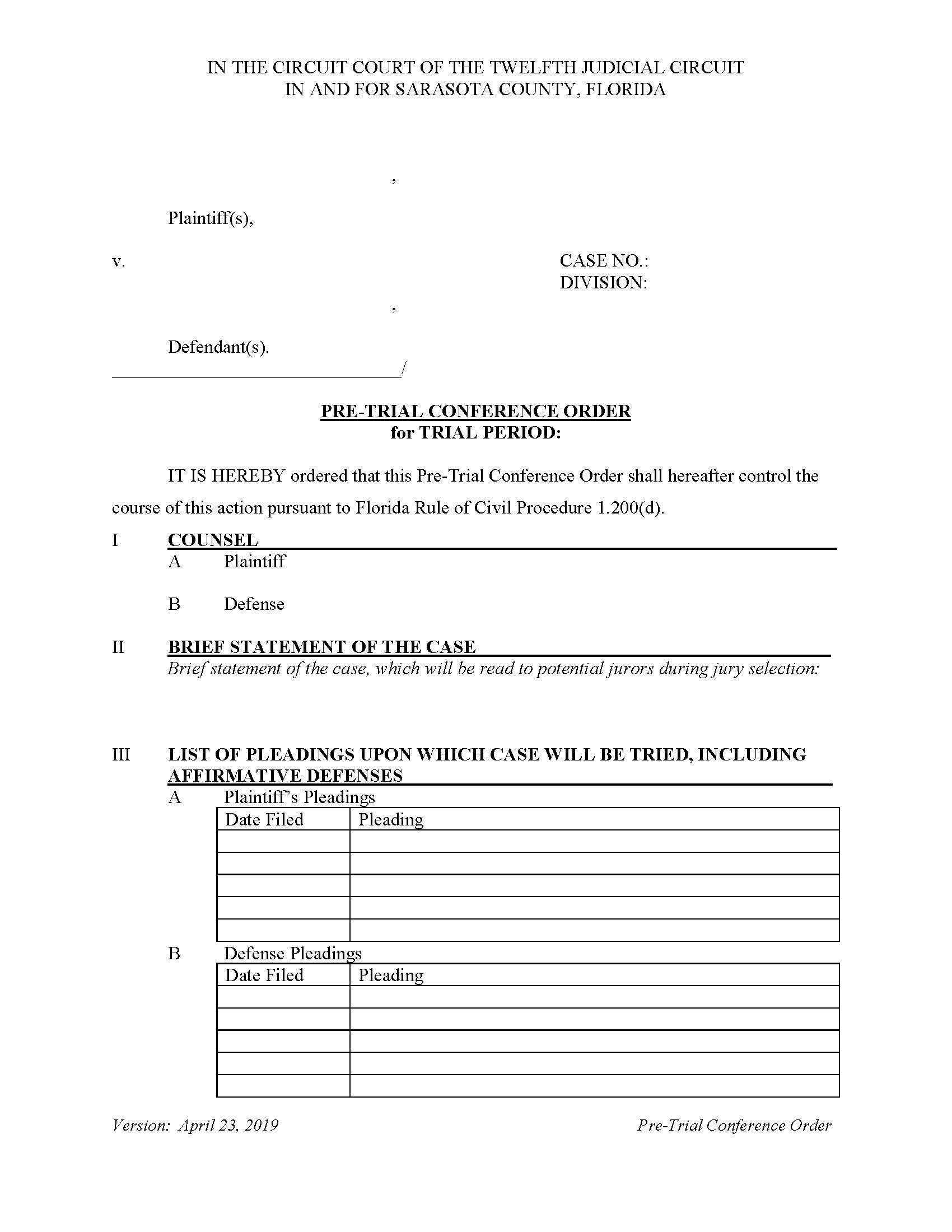 Pre-Trial Conference Order (Divisions A and C) | Pdf Fpdf Doc Docx | Florida