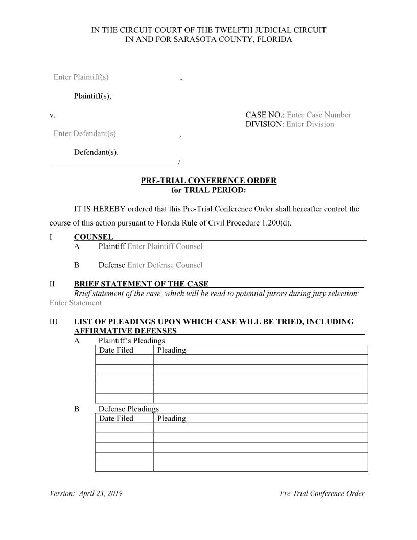 Pre-Trial Conference Order (Judge Ruhl) | Pdf Fpdf Docx | Florida