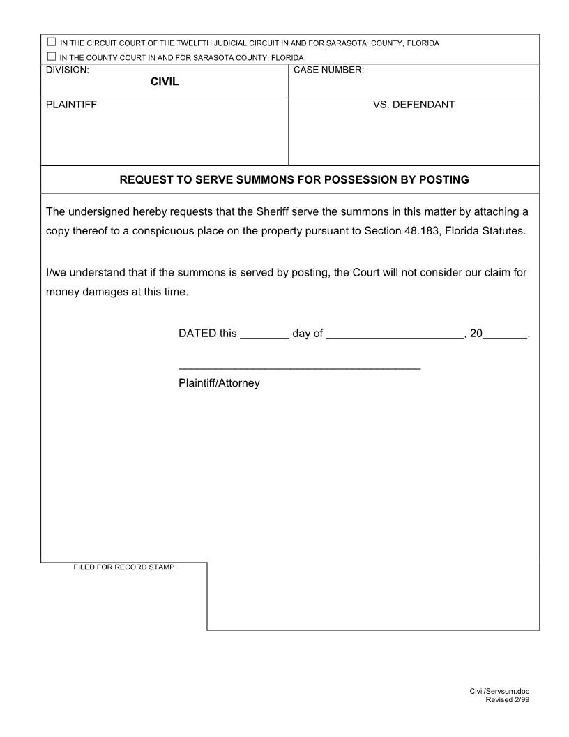 Request To Serve Summons For Possession By Posting | Pdf Fpdf Docx | Florida