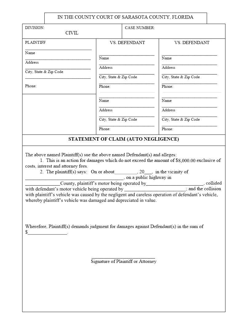 Statement Of Claim (Auto Negligence) | Pdf Fpdf Docx | Florida