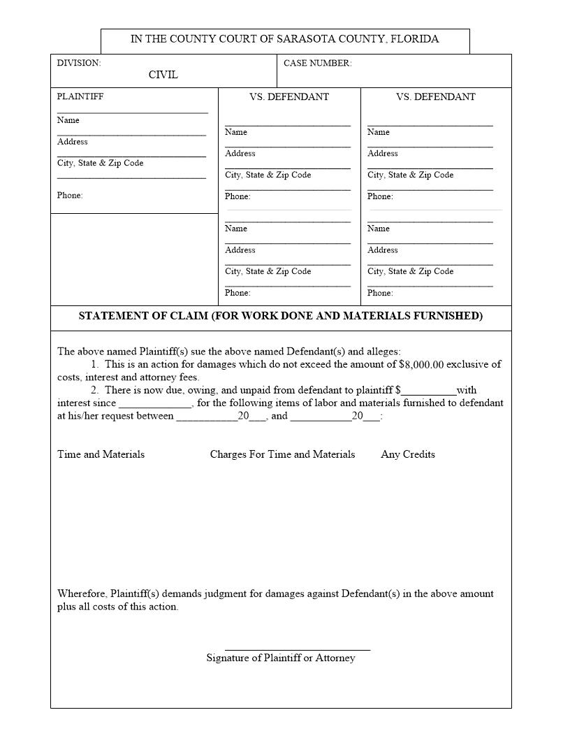 Statement Of Claim (For For Work Done And Materials Furnished) | Pdf Fpdf Docx | Florida