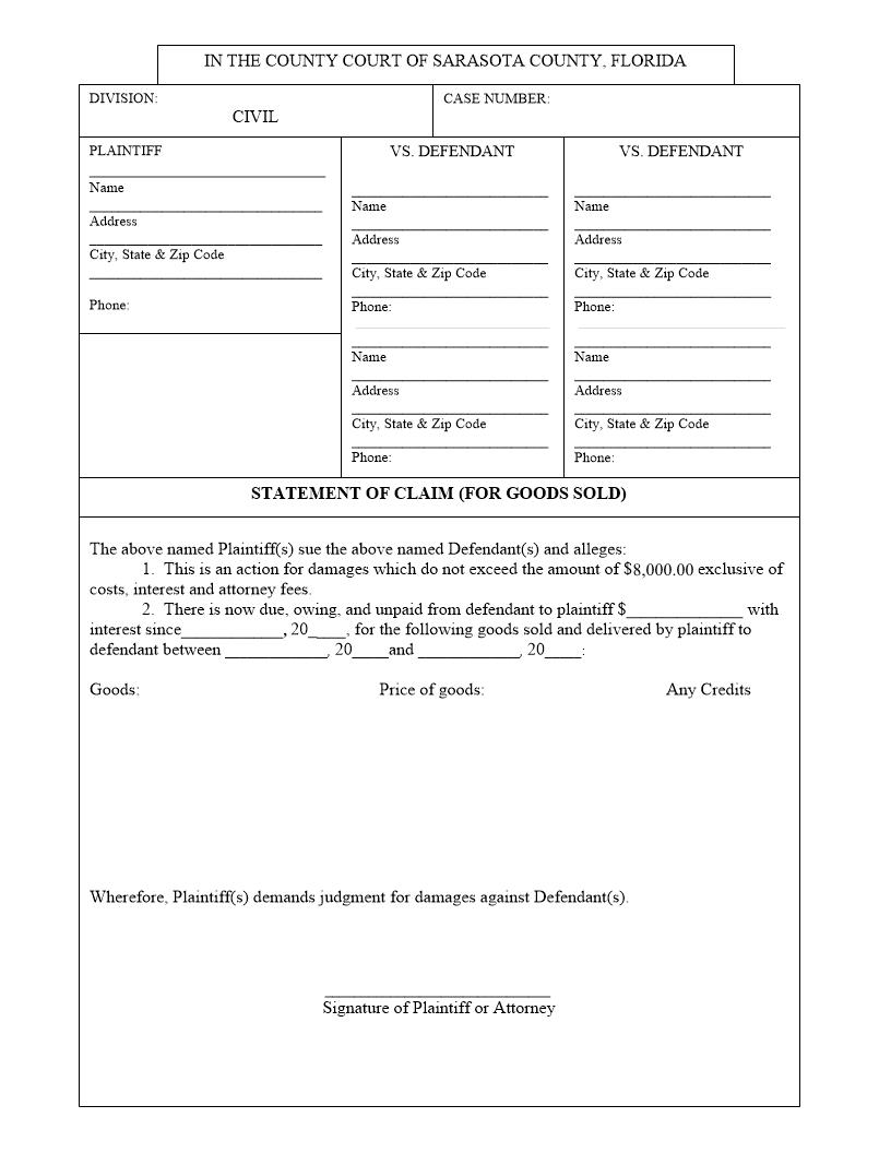 Statement Of Claim (For Goods Sold) | Pdf Fpdf Docx | Florida
