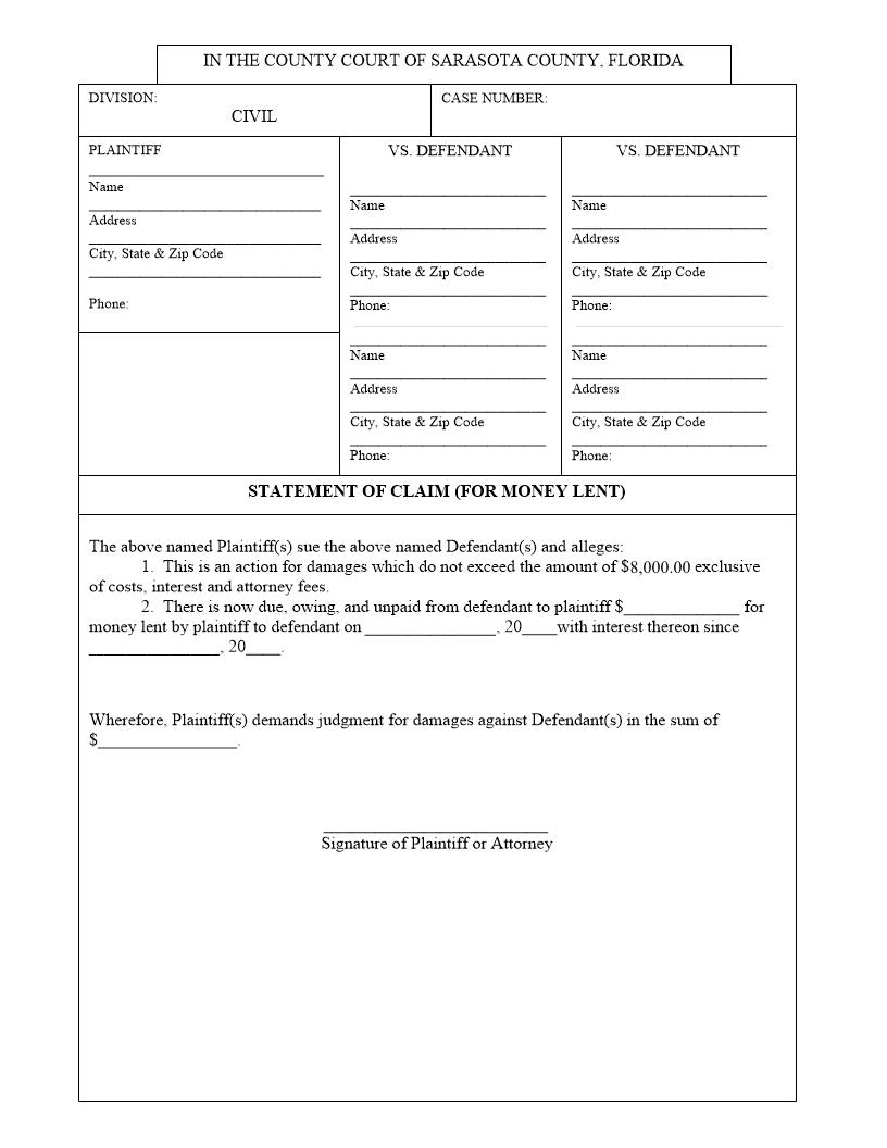 Statement Of Claim (For Money Lent) | Pdf Fpdf Docx | Florida