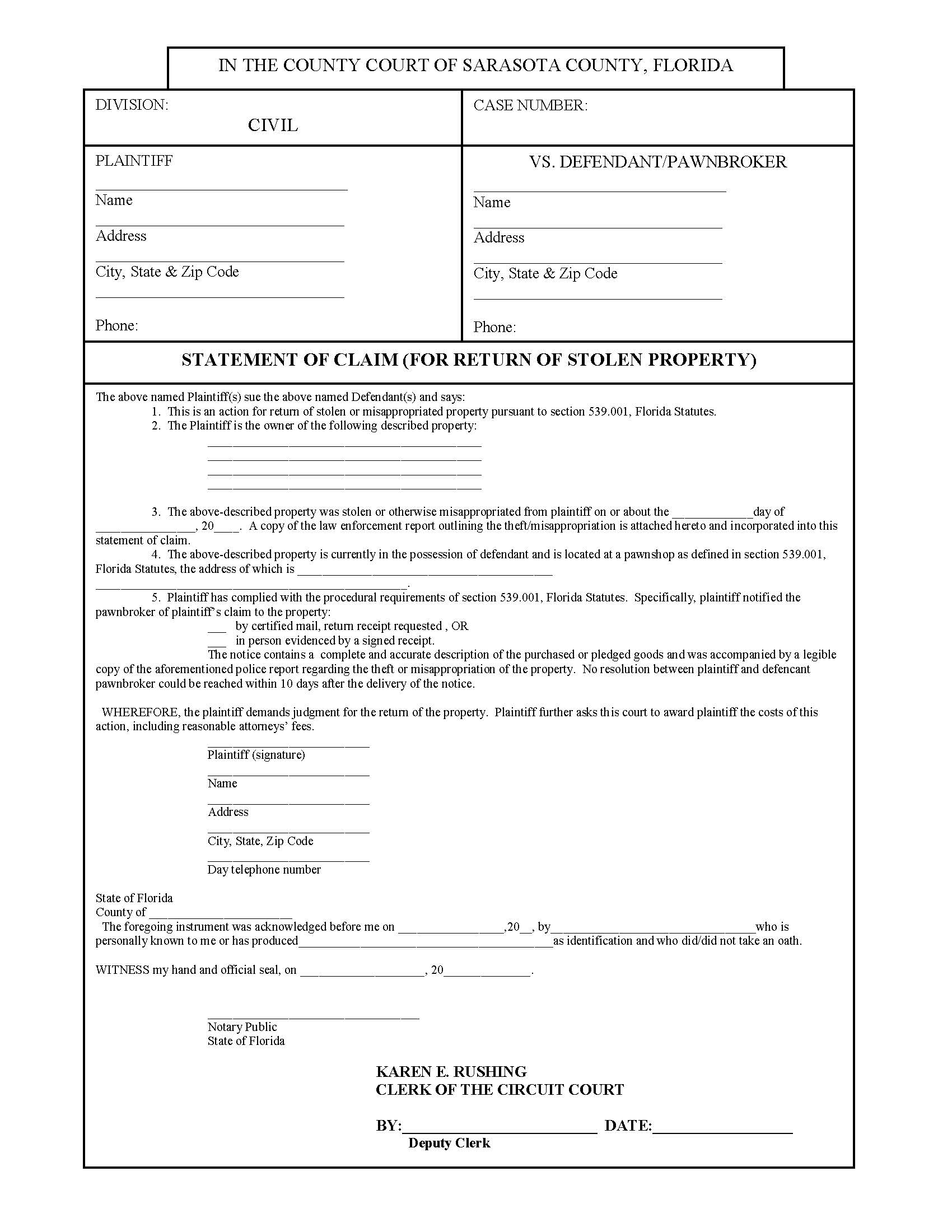 Statement Of Claim (For Return Of Stolen Property) | Pdf Fpdf Docx | Florida