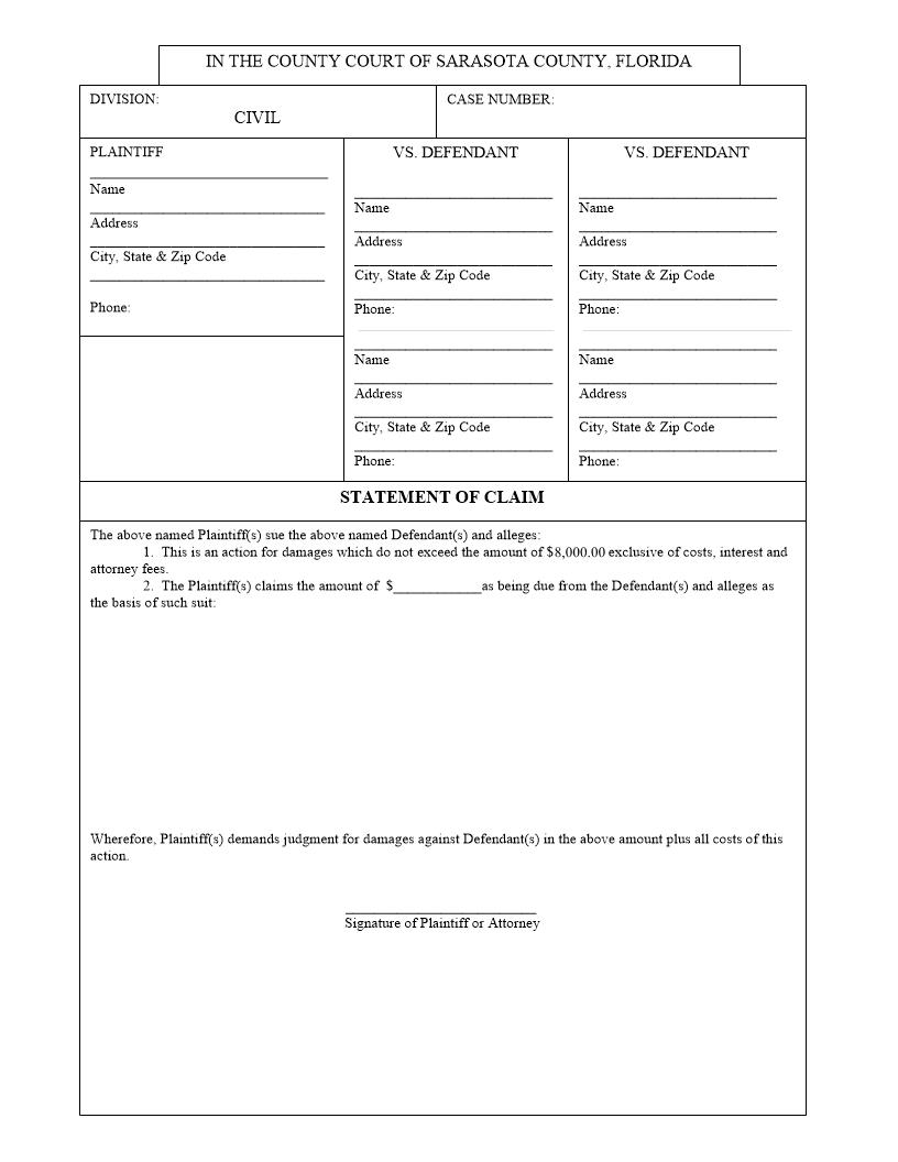 Statement Of Claim (General Small Claims) | Pdf Fpdf Docx | Florida