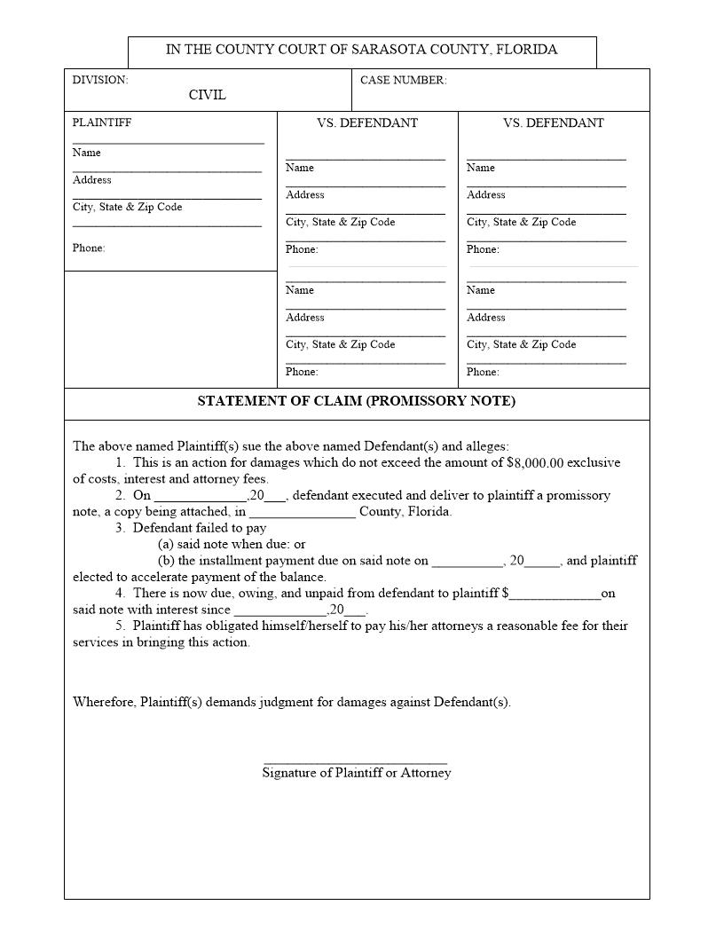 Statement Of Claim (Promissory Note) | Pdf Fpdf Docx | Florida