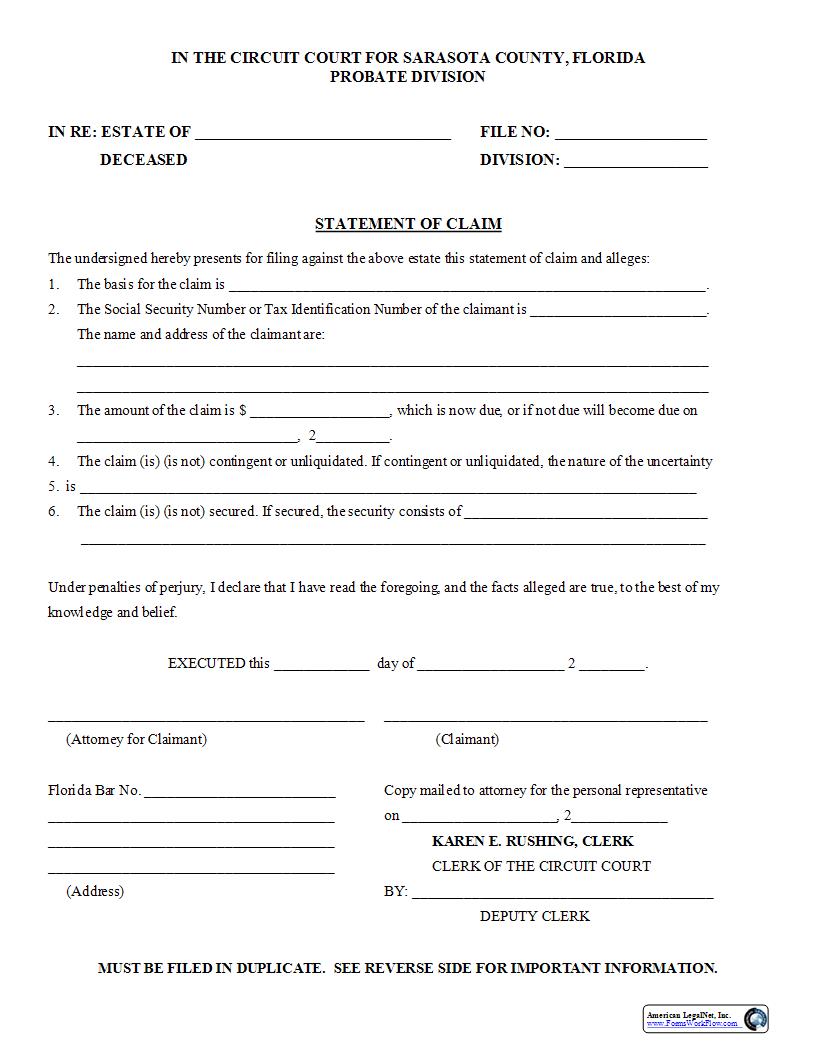 Statement Of Claim Probate | Pdf Fpdf Docx | Florida