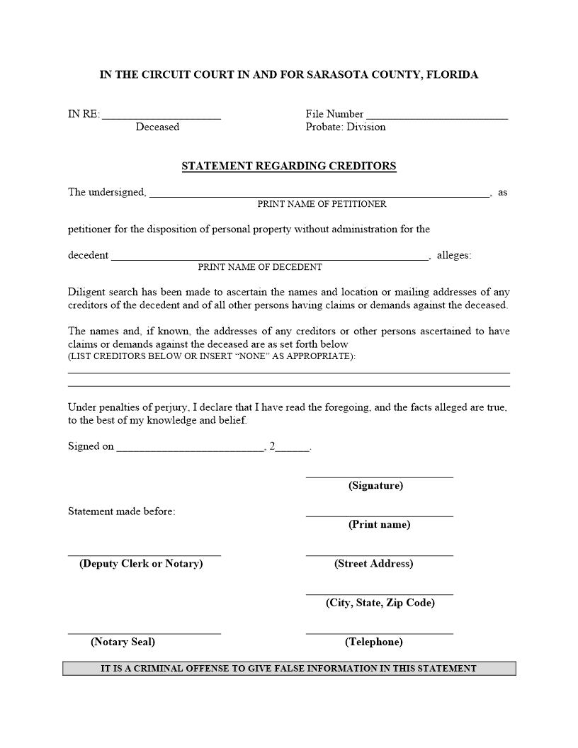 Statement Regarding Creditors (Disposition Of Personal Property Without Administration) {SAR SRC-DPP} | Pdf Fpdf Docx | Florida