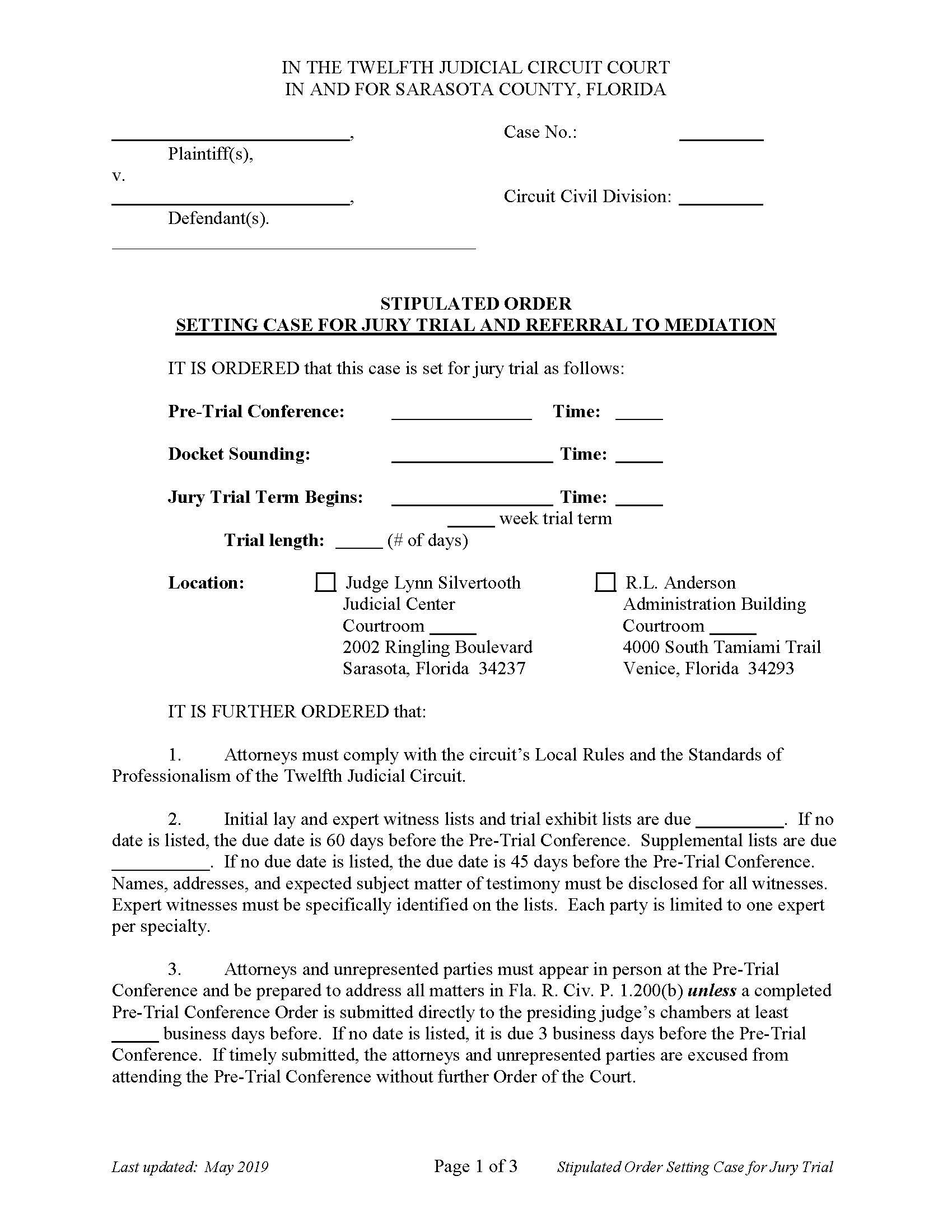 Stipulated Order Setting Case For Jury Trial And Referral To Mediation | Pdf Fpdf Docx | Florida