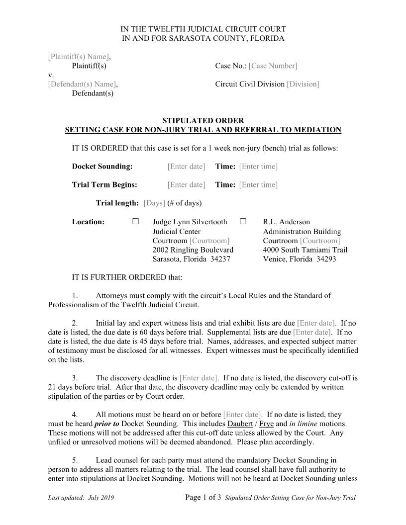 Stipulated Order Setting Case For Non-Jury Trial And Referral To Mediation | Pdf Fpdf Docx | Florida