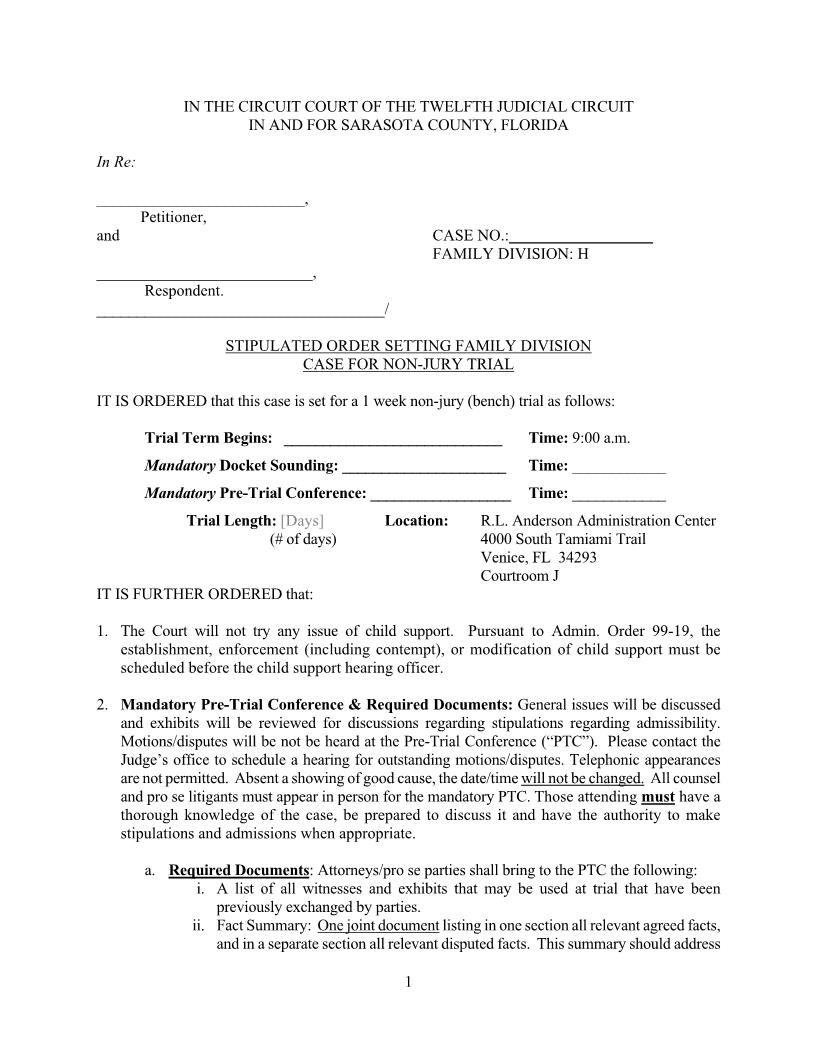 Stipulated Order Setting Famliy Division Case For Non-Jury Trial | Pdf Fpdf Docx | Florida