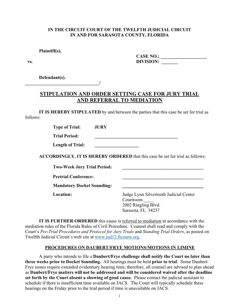 Stipulation And Order Setting Case For Jury Trial And Referral To Mediation (Division H) | Pdf Fpdf Docx | Florida