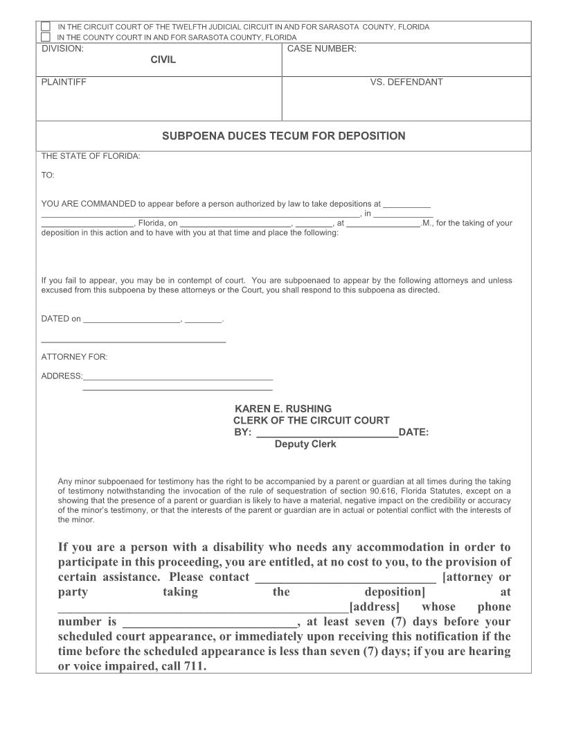 Subpoena Duces Tecum For Deposition (For Use With UIDDA) | Pdf Fpdf Docx | Florida