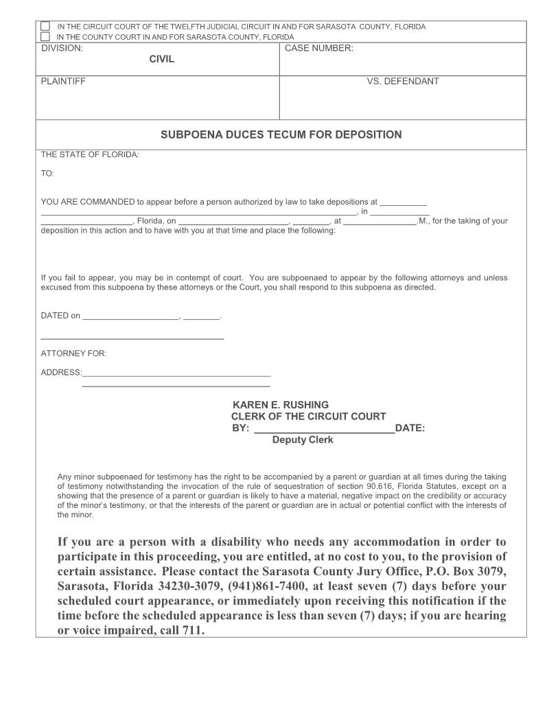 Subpoena Duces Tecum For Deposition | Pdf Fpdf Doc Docx | Florida