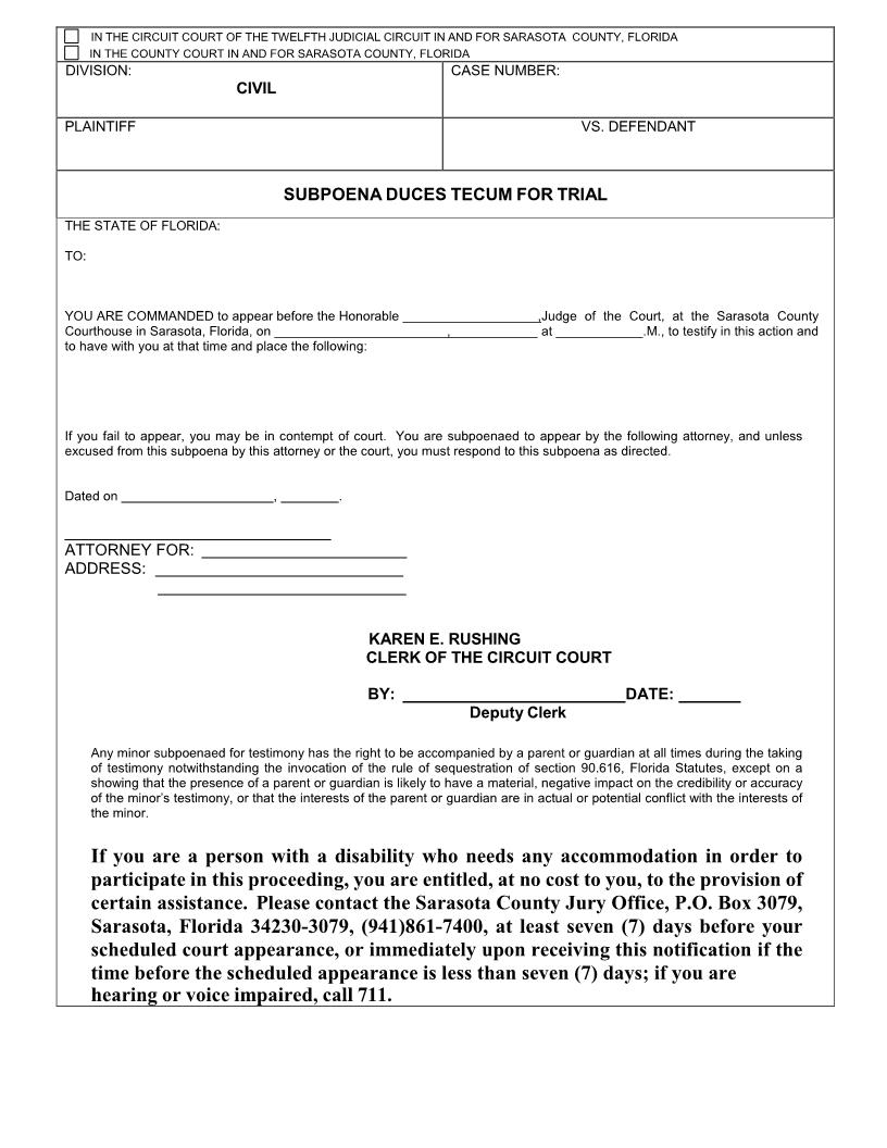 Subpoena Duces Tecum For Trial | Pdf Fpdf Doc Docx | Florida