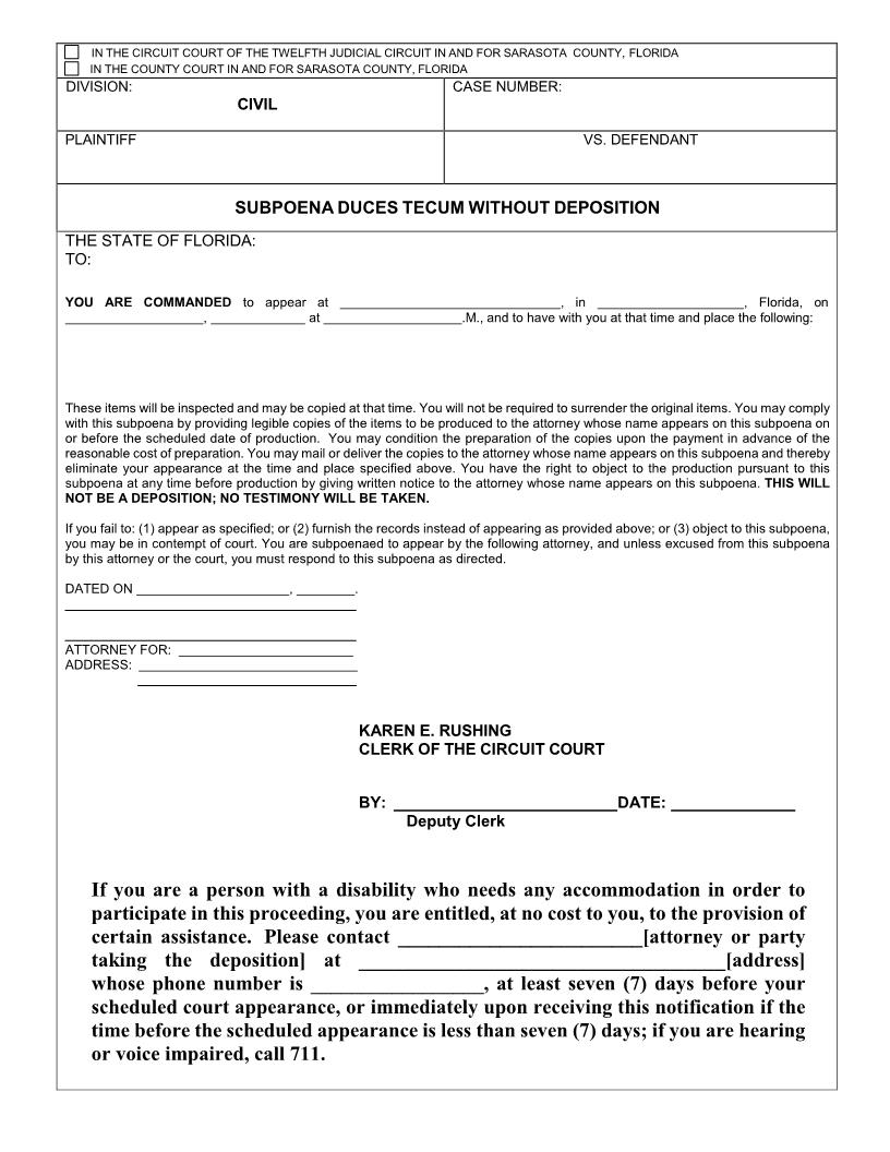 Subpoena Duces Tecum Without Deposition | Pdf Fpdf Doc Docx | Florida