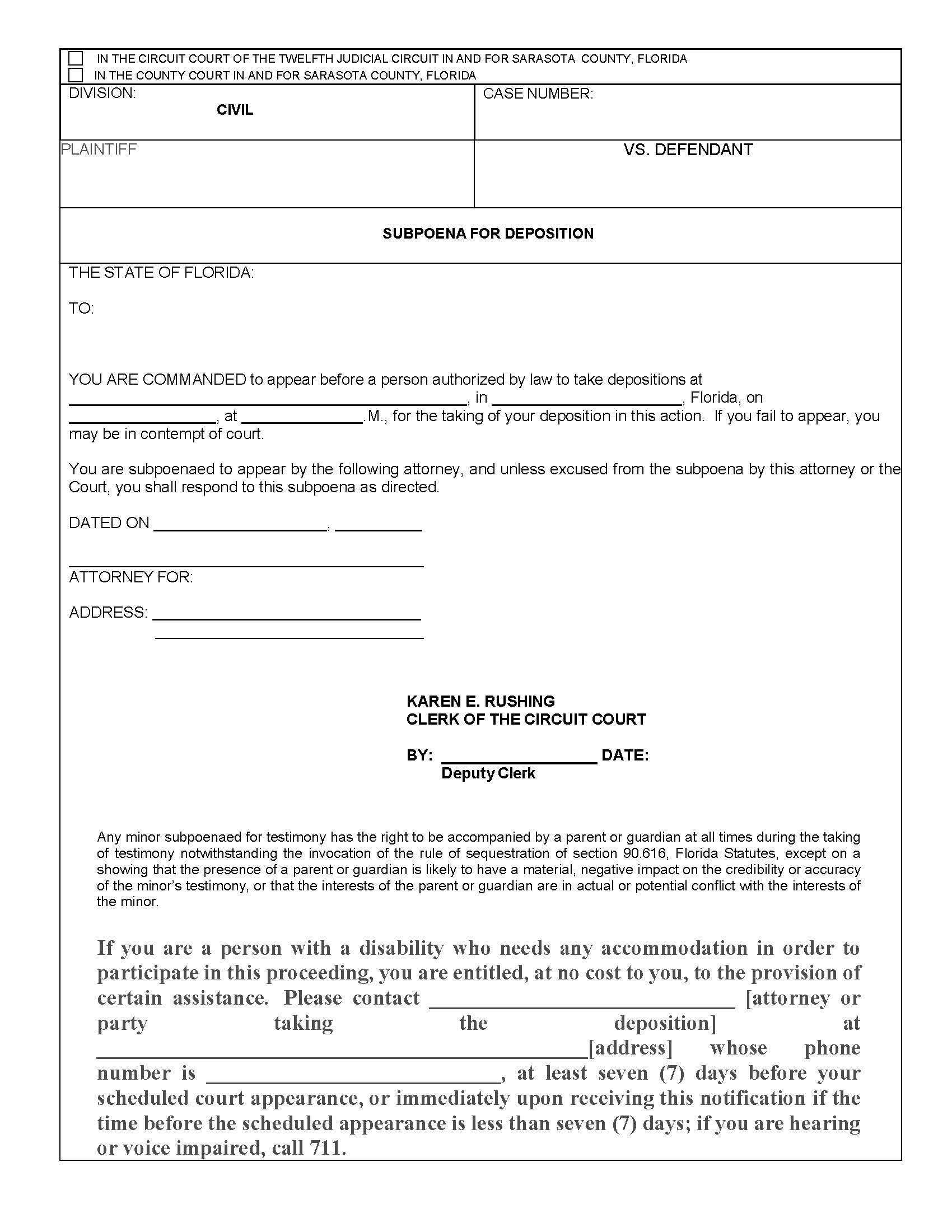 Subpoena For Deposition (For Use With UIDDA) | Pdf Fpdf Docx | Florida