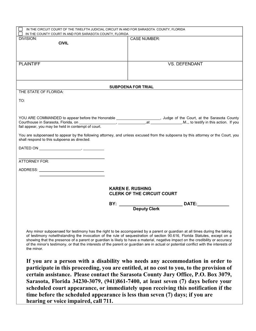 Subpoena For Trial | Pdf Fpdf Doc Docx | Florida