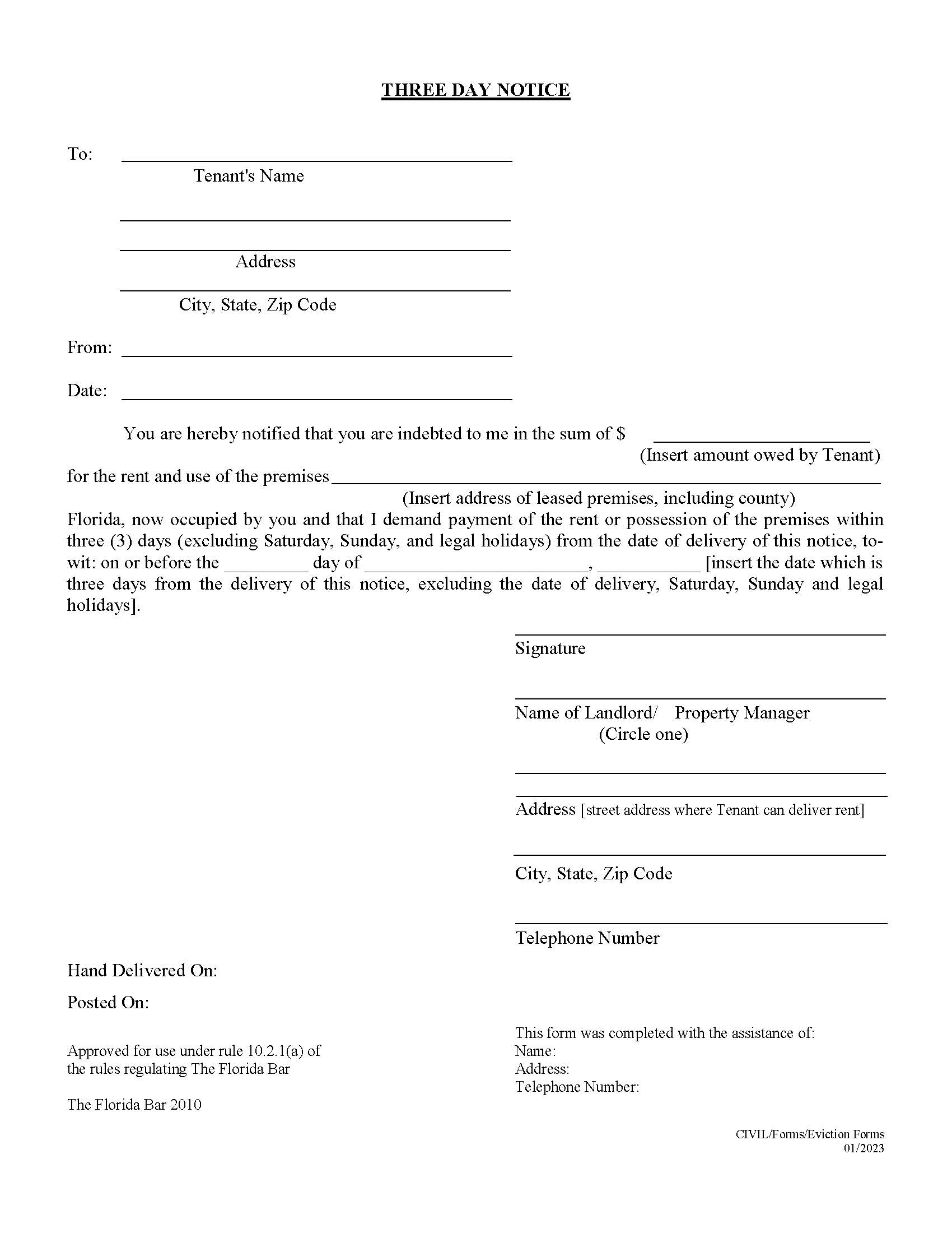 Three Day Notice (Eviction) {SAR 3DN-E} | Pdf Fpdf Docx | Florida