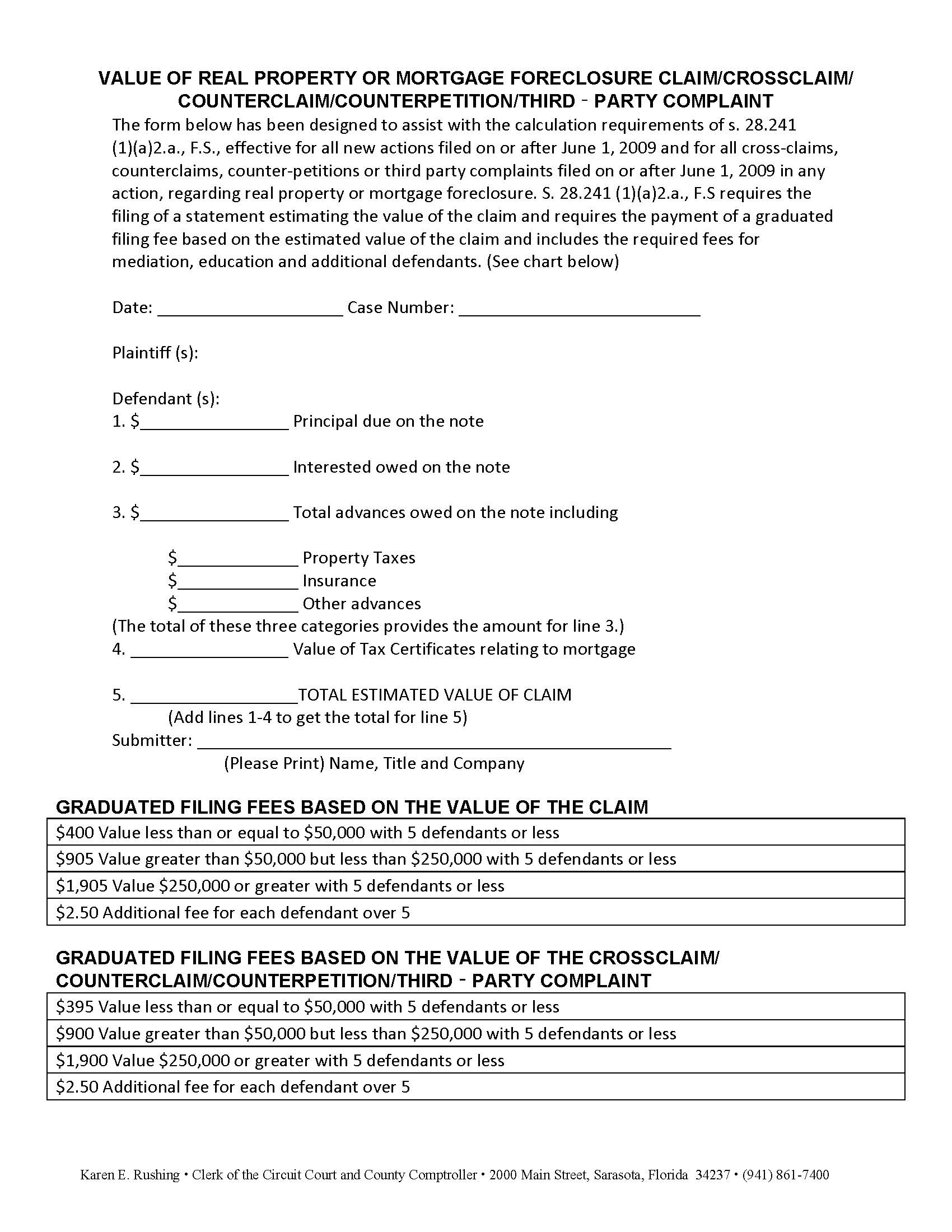 Value Of Real Property Or Mortgage Foreclosure Claim-Crossclaim-Counterclaim | Pdf Fpdf Docx | Florida