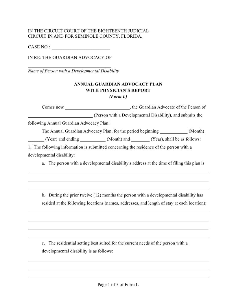 Annual Guardian Advocacy Plan With Physicians Report {Form L} | Pdf Fpdf Docx | Florida