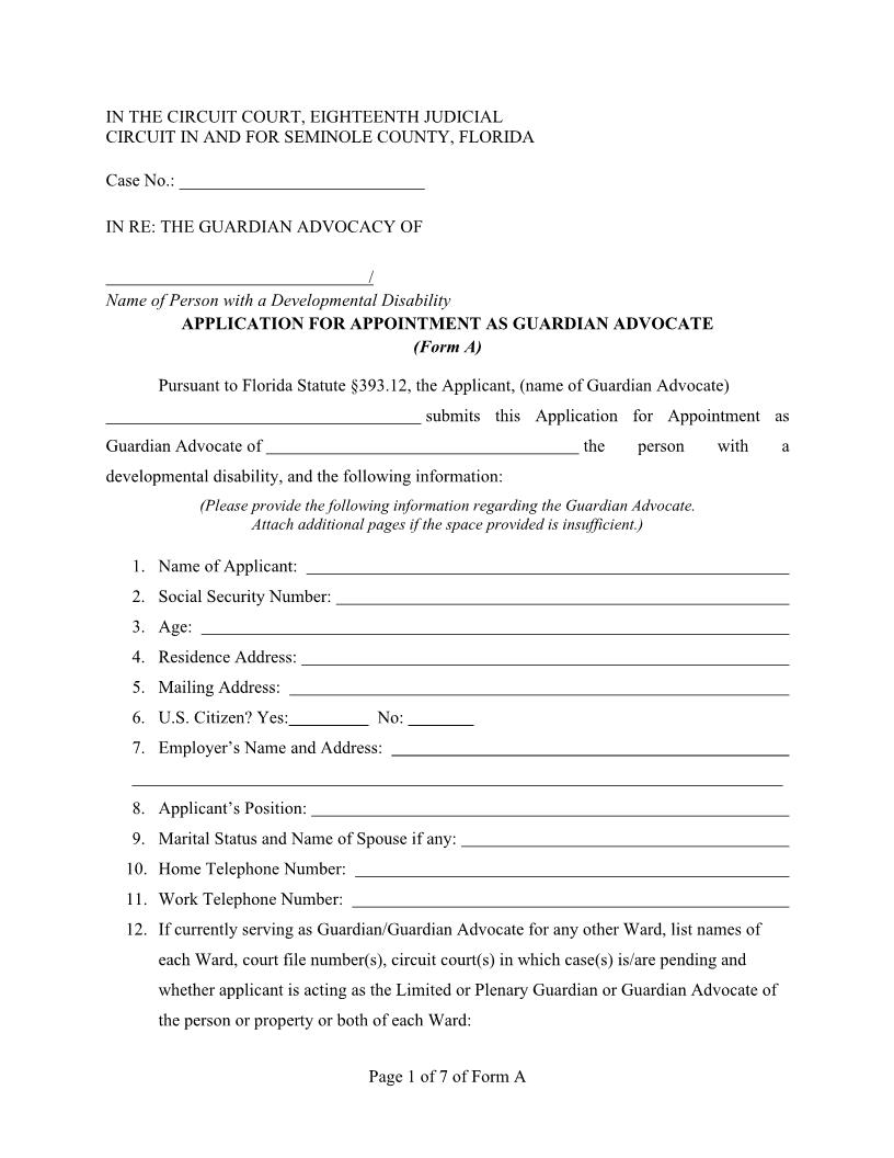 Application For Appointment As Guardian Advocate {Form A} | Pdf Fpdf Docx | Florida