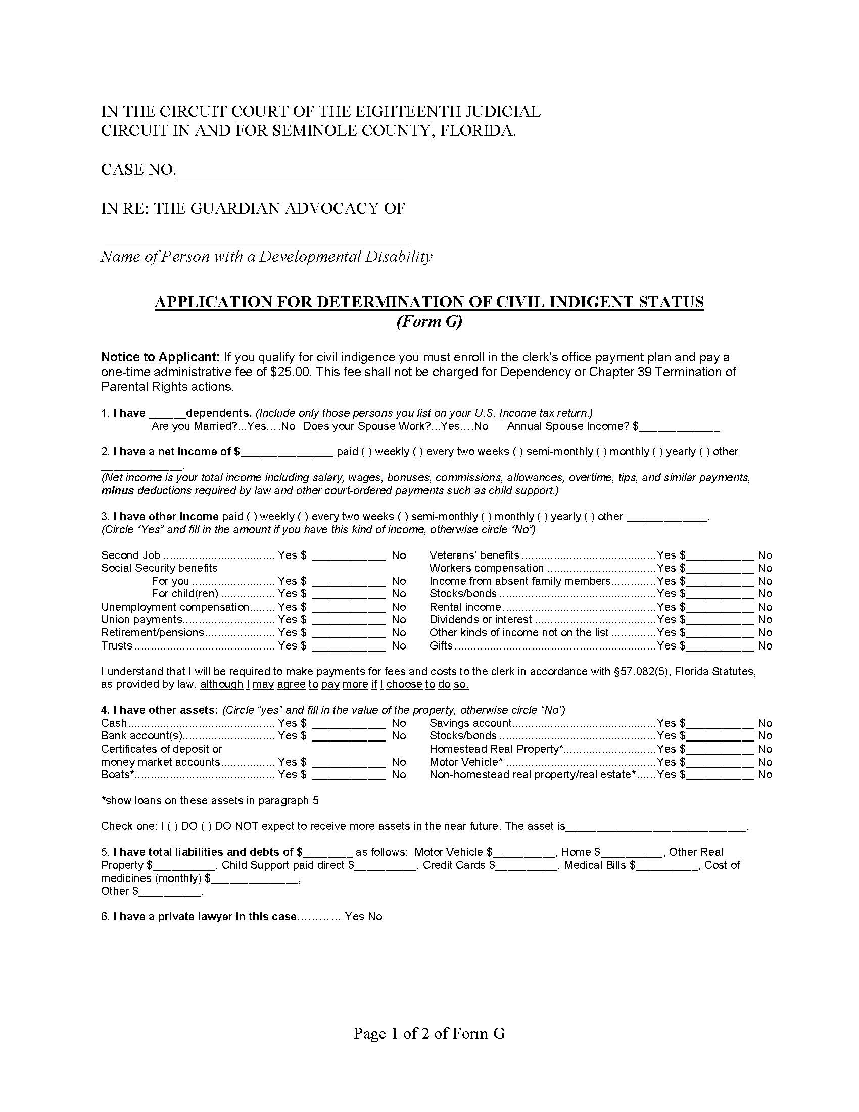 Application For Determination Of Civil Indigent Status {Form G} | Pdf Fpdf Docx | Florida